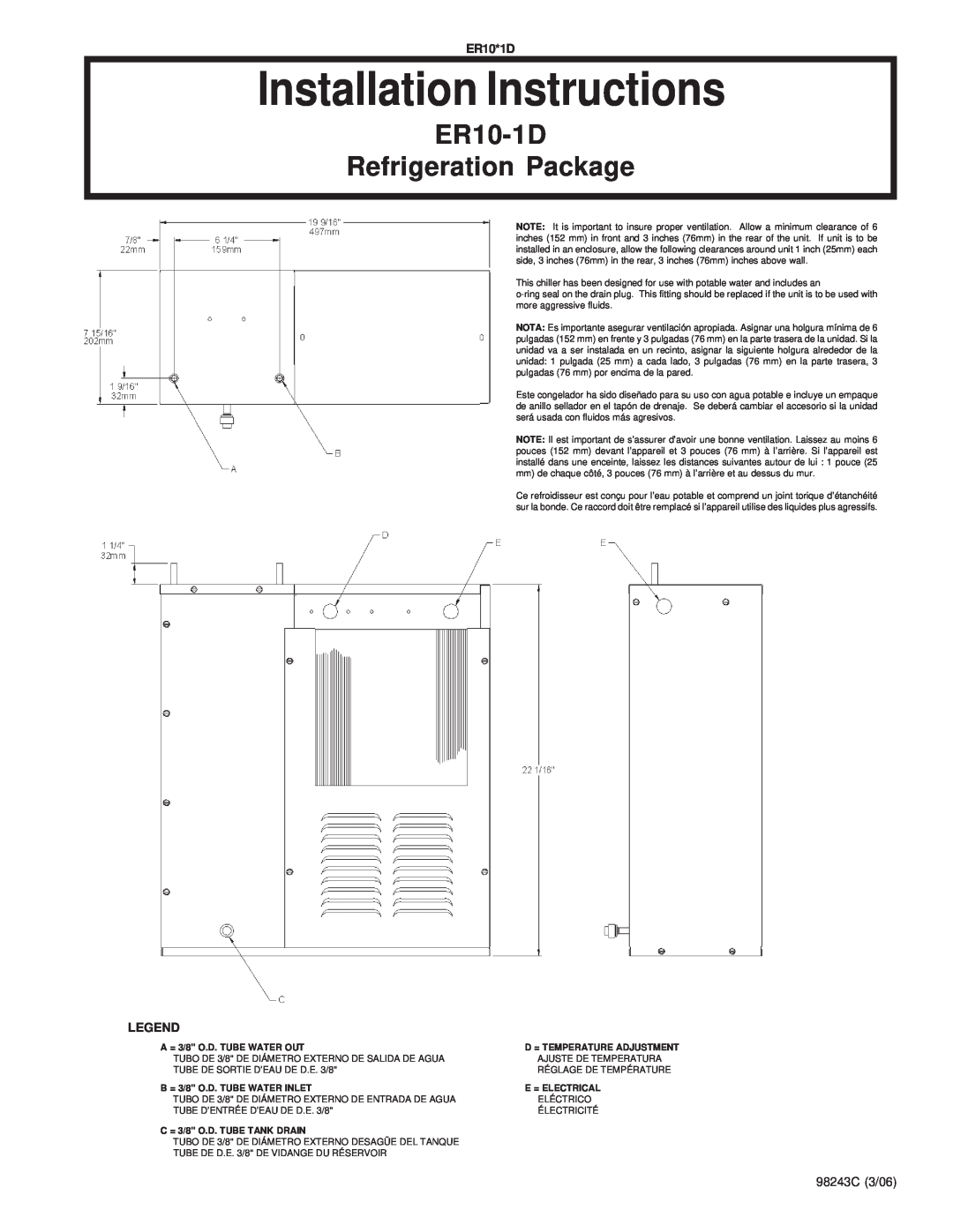Elkay ER10*1D installation instructions 98243C 3/06, Installation Instructions, ER10-1D Refrigeration Package 