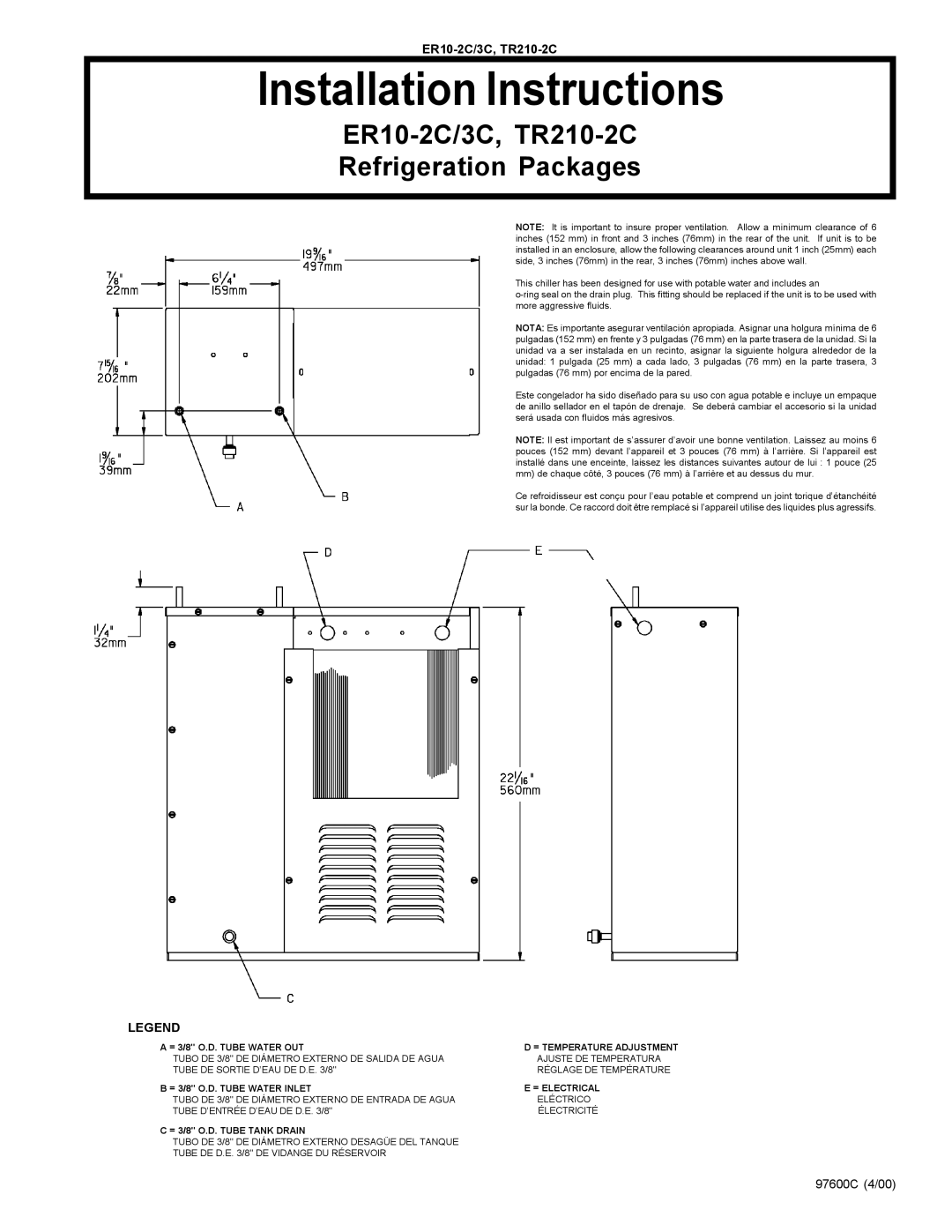 Elkay ER10.2C installation instructions Installation Instructions, ER10-2C/3C, TR210-2C Refrigeration Packages 