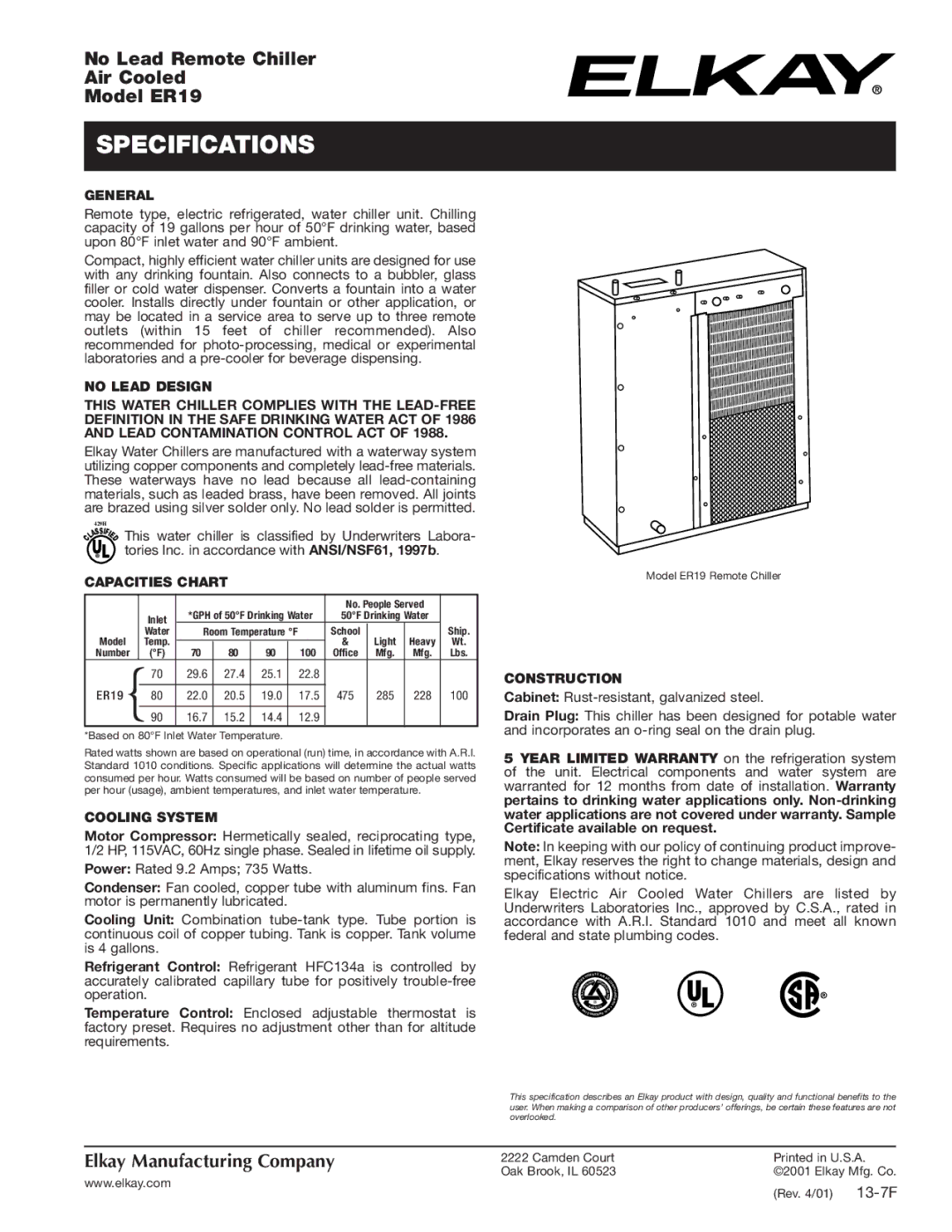 Elkay ER19 specifications Specifications, General, Capacities Chart, Cooling System, Construction 