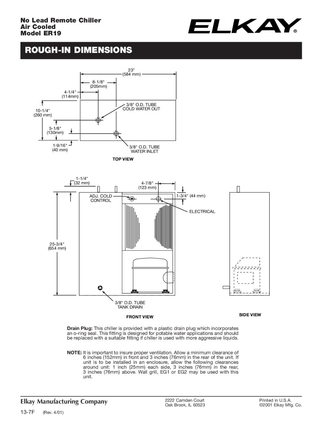 Elkay ER19 specifications ROUGH-IN Dimensions, TOP View, Front View Side View 