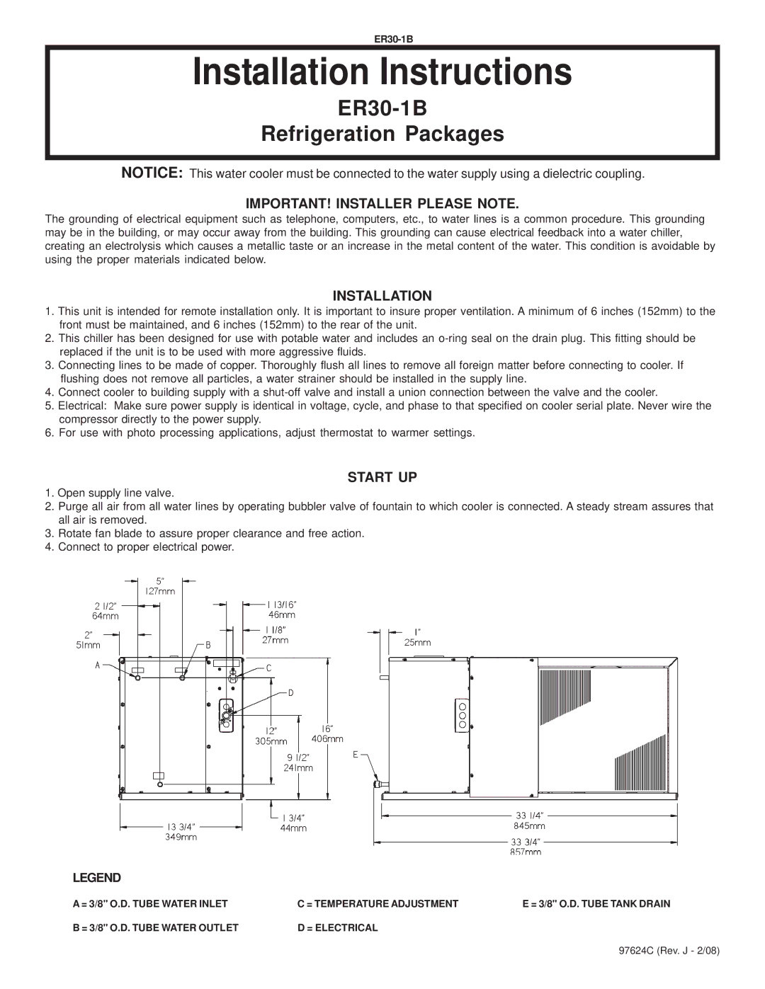 Elkay installation instructions Installation Instructions, ER30-1B Refrigeration Packages, Start UP 