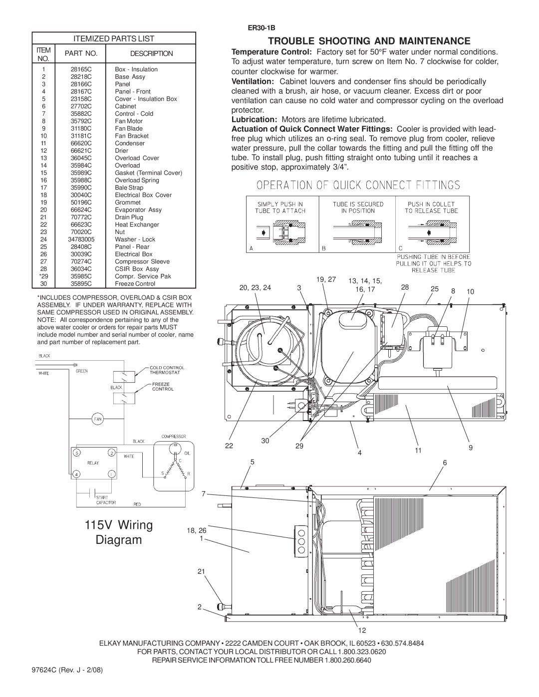 Elkay ER30-1B 115V Wiring Diagram, Trouble Shooting and Maintenance, Itemized Parts List, Description 