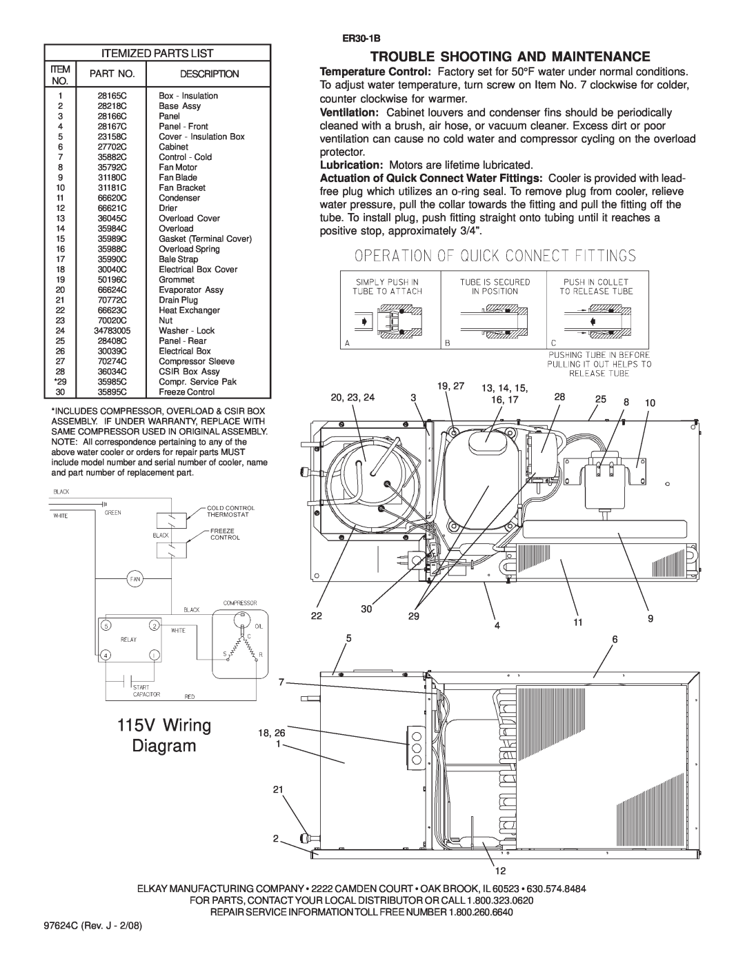 Elkay ER30-1B installation instructions Trouble Shooting And Maintenance, 115V Wiring Diagram 
