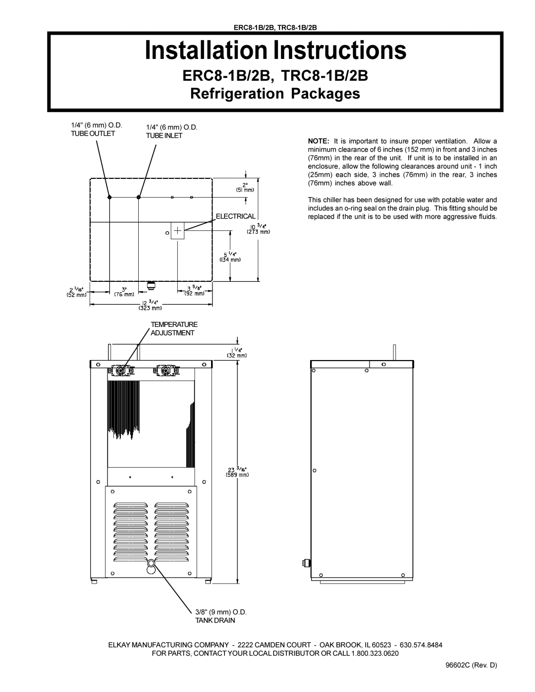 Elkay installation instructions Installation Instructions, ERC8-1B/2B, TRC8-1B/2B Refrigeration Packages 