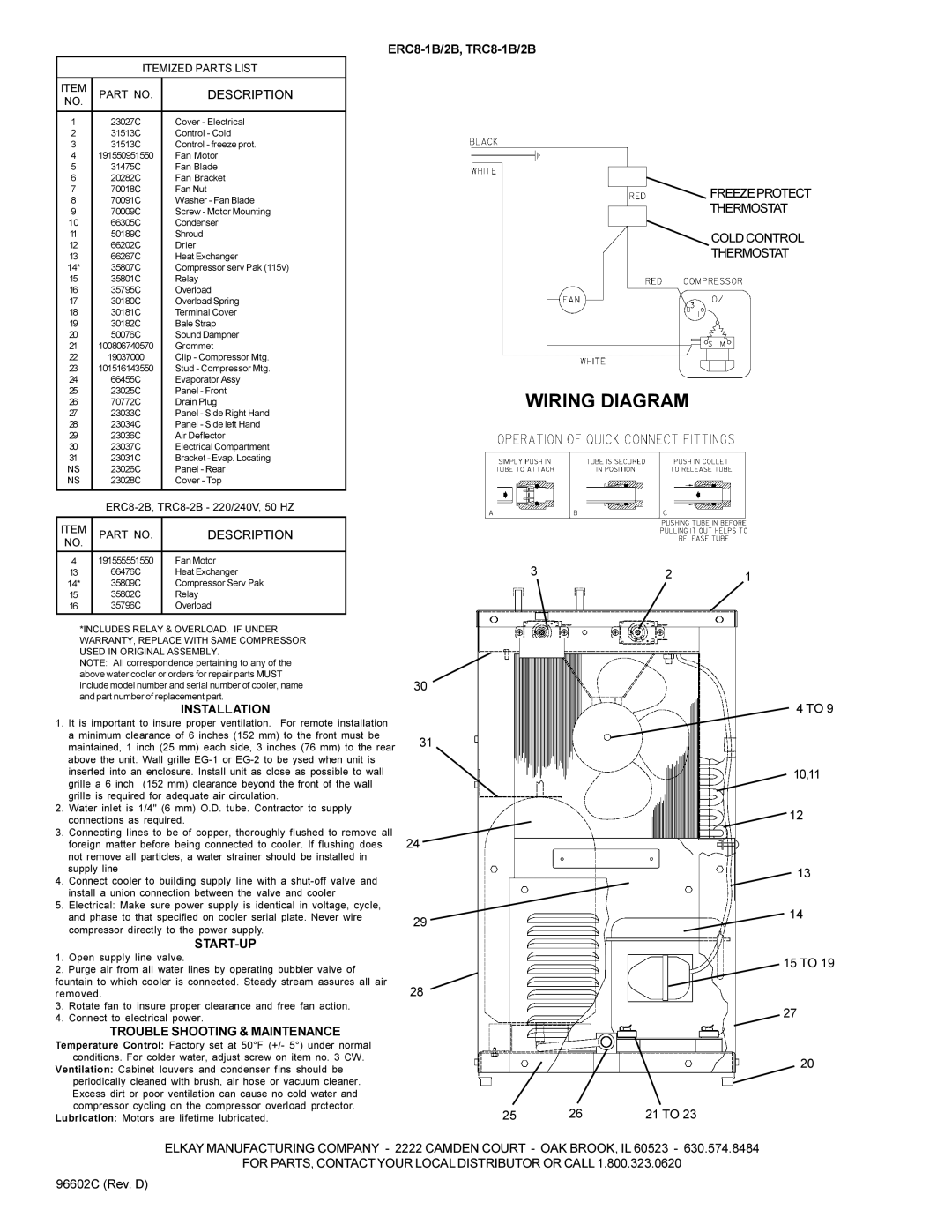 Elkay ERC8-1B/2B installation instructions Wiring Diagram, Installation, Start-Up, Trouble Shooting & Maintenance 