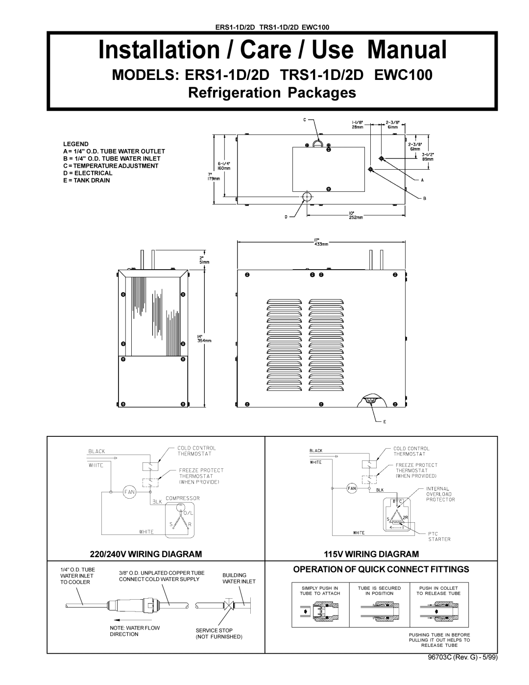 Elkay manual Installation / Care / Use Manual, Models ERS1-1D/2D TRS1-1D/2D EWC100, Refrigeration Packages 