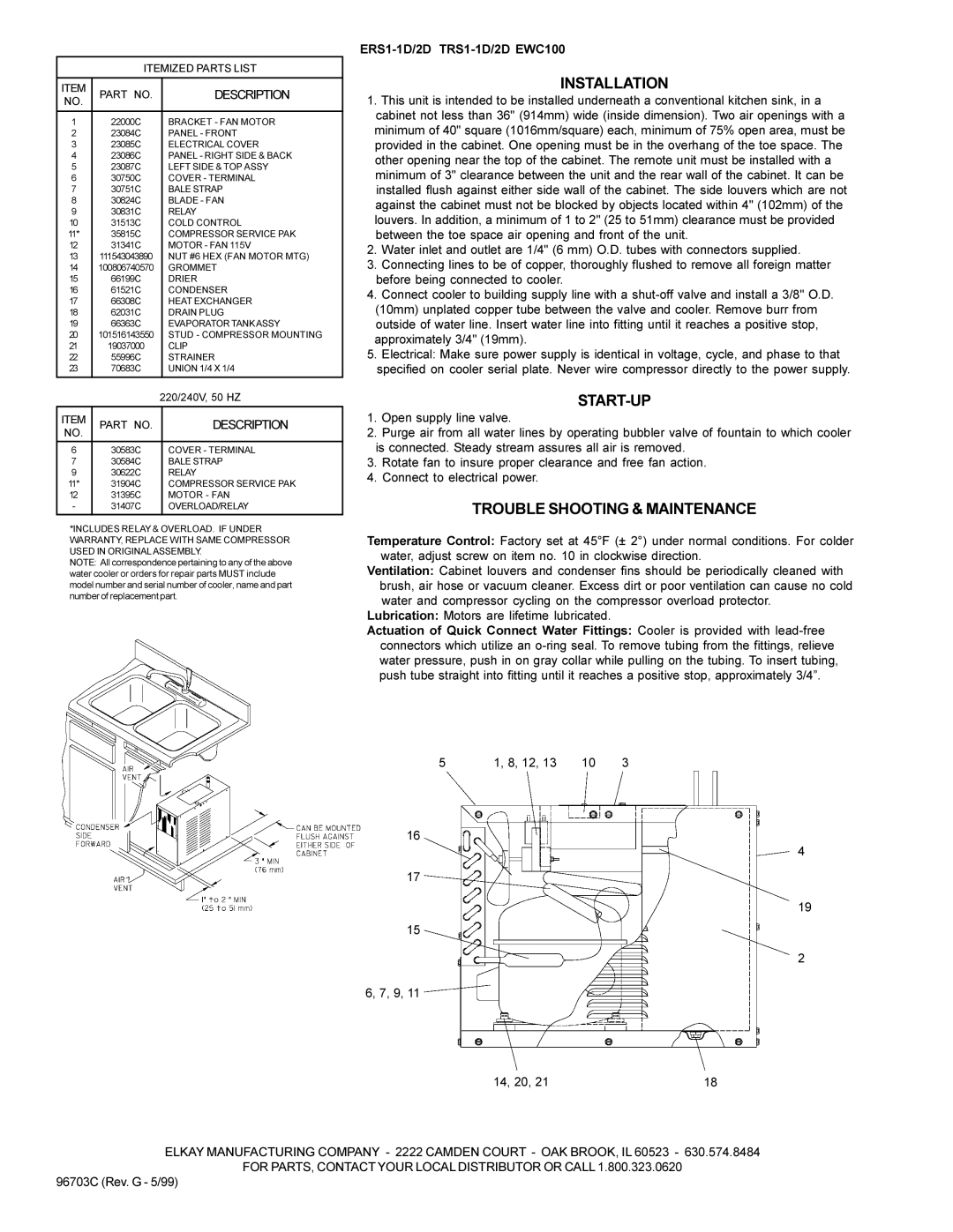 Elkay ERS1-1D manual Installation, Start-Up, Trouble Shooting & Maintenance, Description 