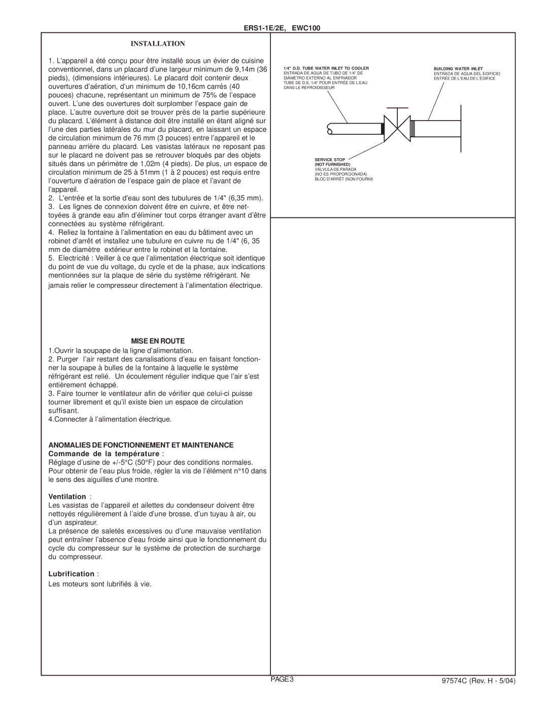 Elkay ERS1-1E/2E manual Mise EN Route, Lubrification, Les moteurs sont lubrifiés à vie 