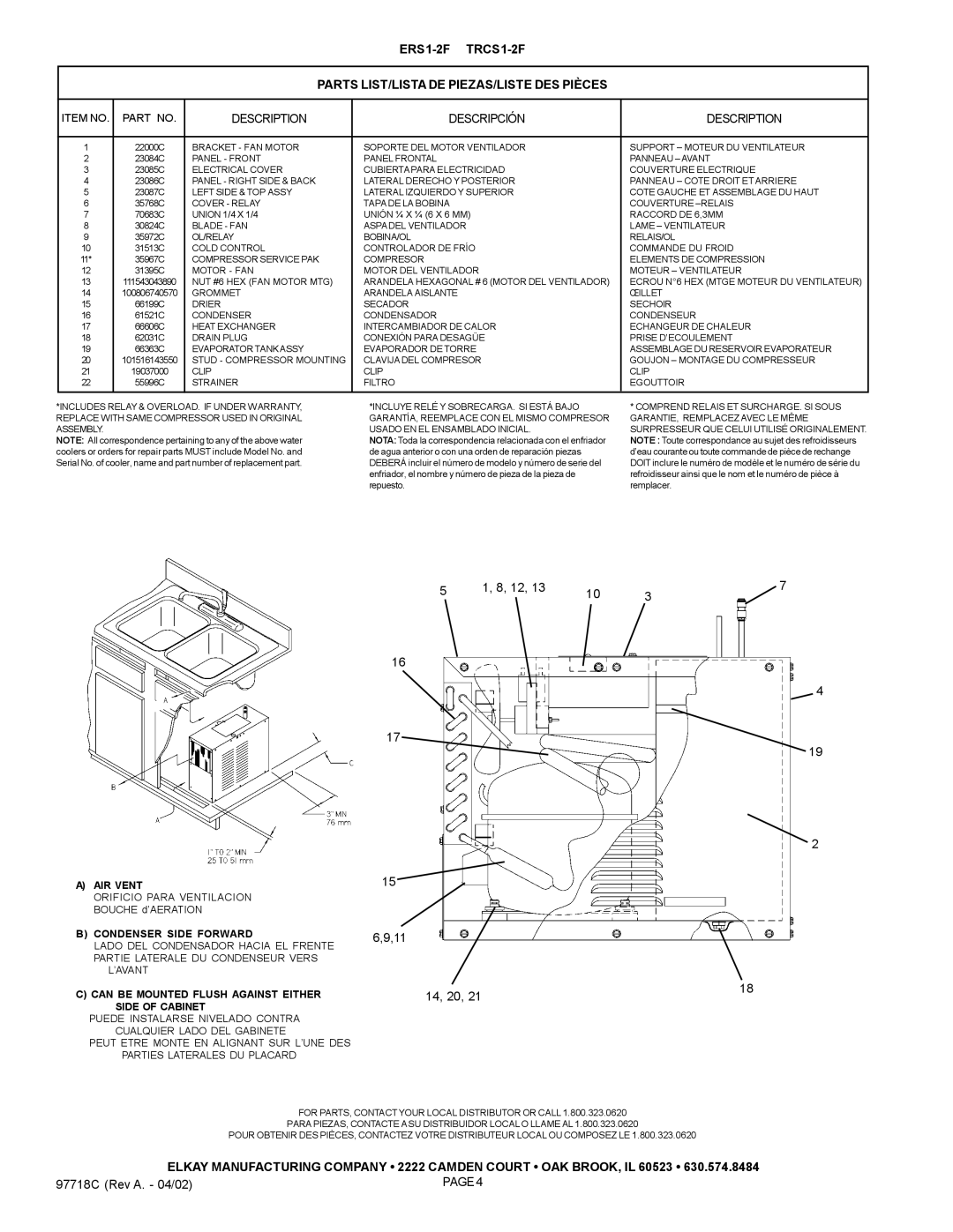 Elkay ERS1-2F manual 14, 20, AIR Vent, Condenser Side Forward, Can be Mounted Flush Against Either, Side of Cabinet 