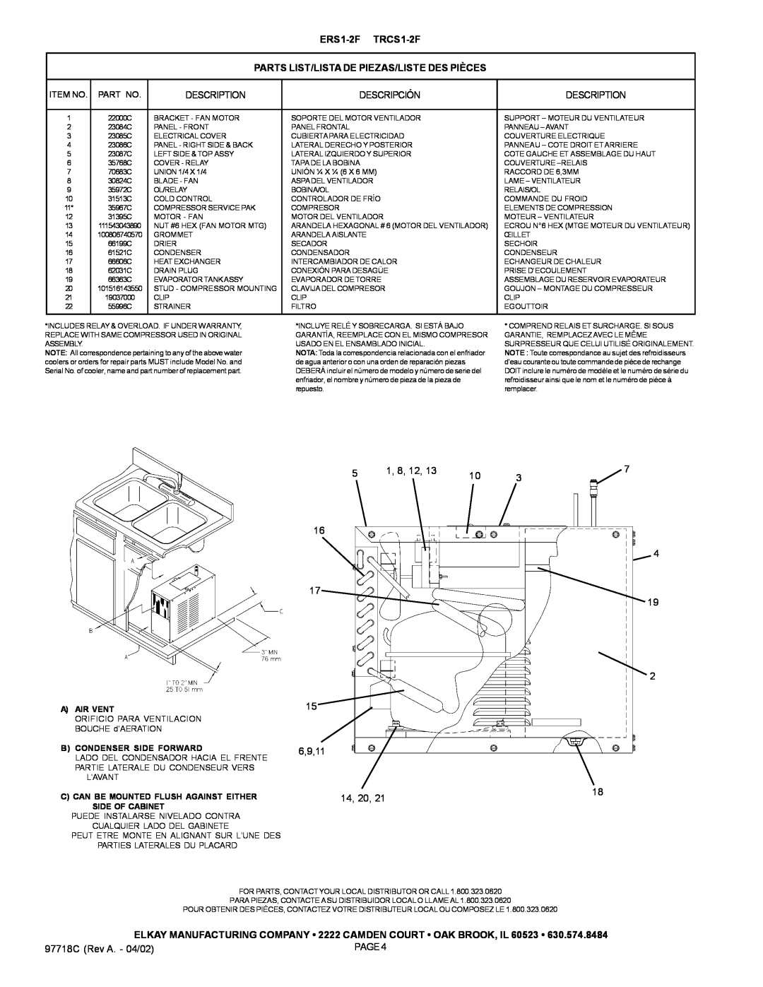 Elkay manual ERS1-2F TRCS1-2F, Parts List/Lista De Piezas/Liste Des Pièces 