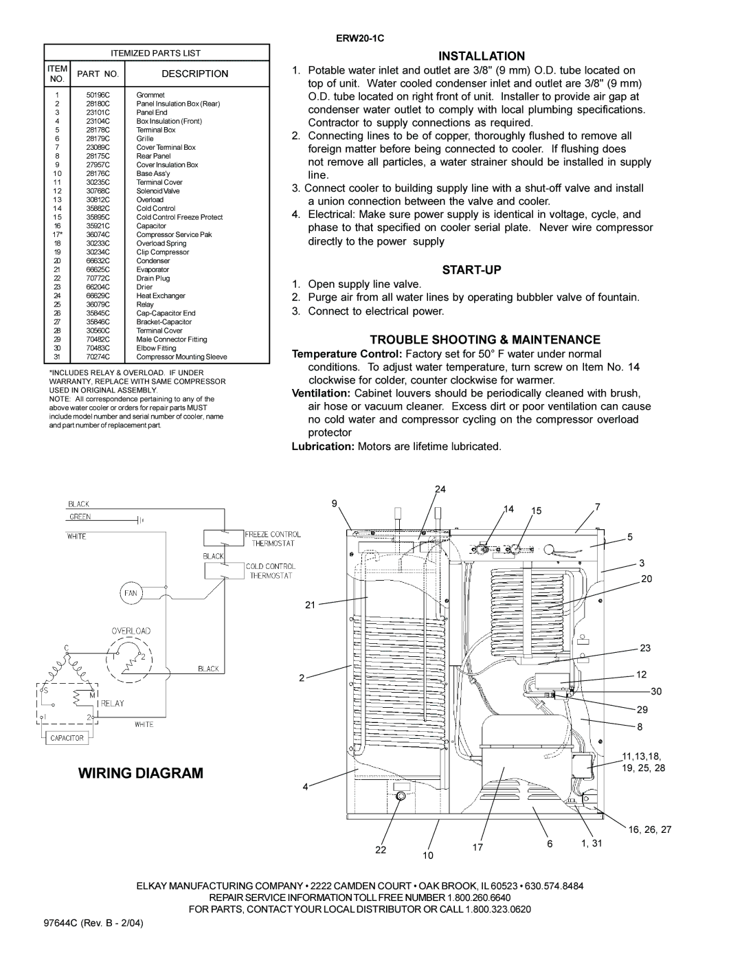 Elkay ERW20-1C installation instructions Wiring Diagram, Installation, Start-Up, Trouble Shooting & Maintenance 