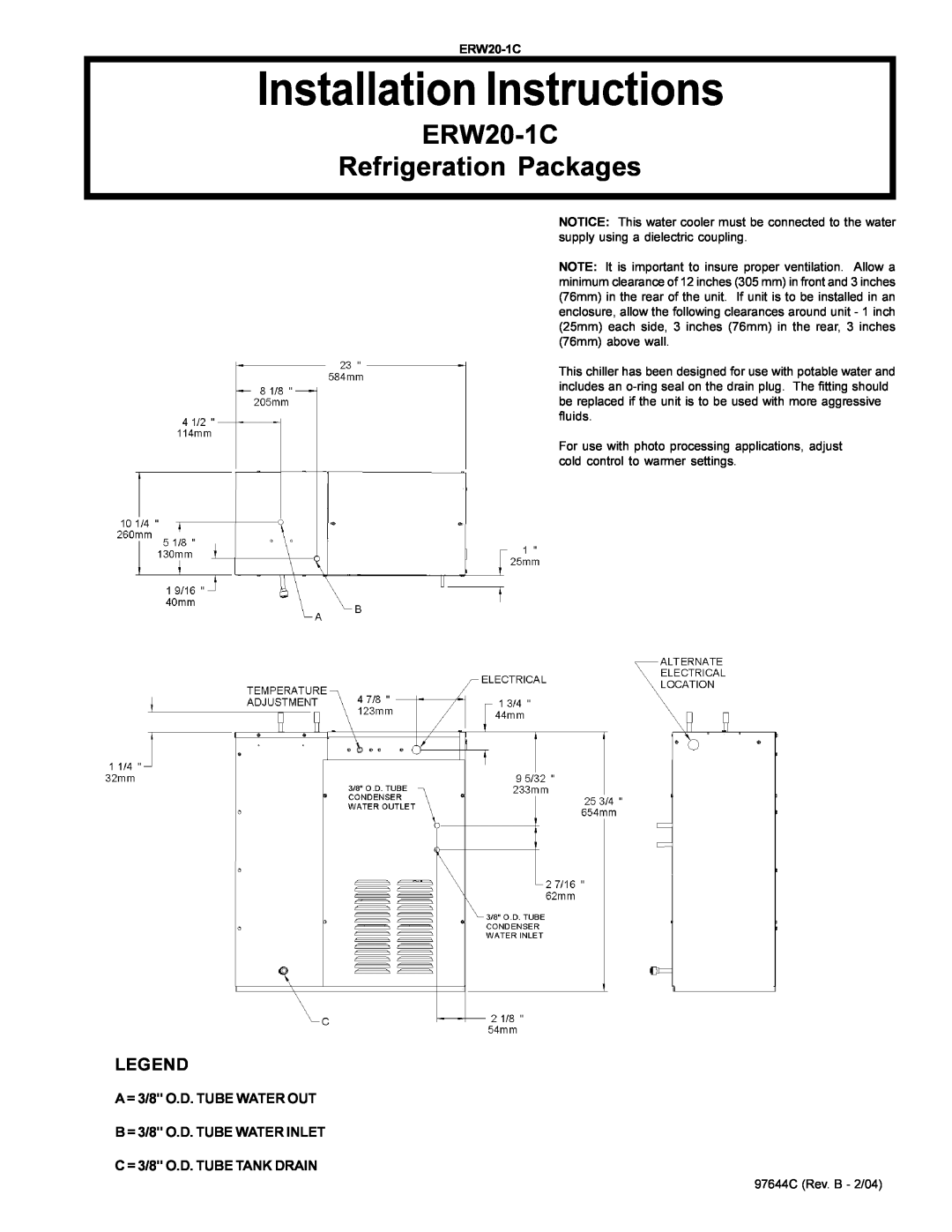 Elkay installation instructions Installation Instructions, ERW20-1C Refrigeration Packages, A = 3/8 O.D. TUBE WATER OUT 