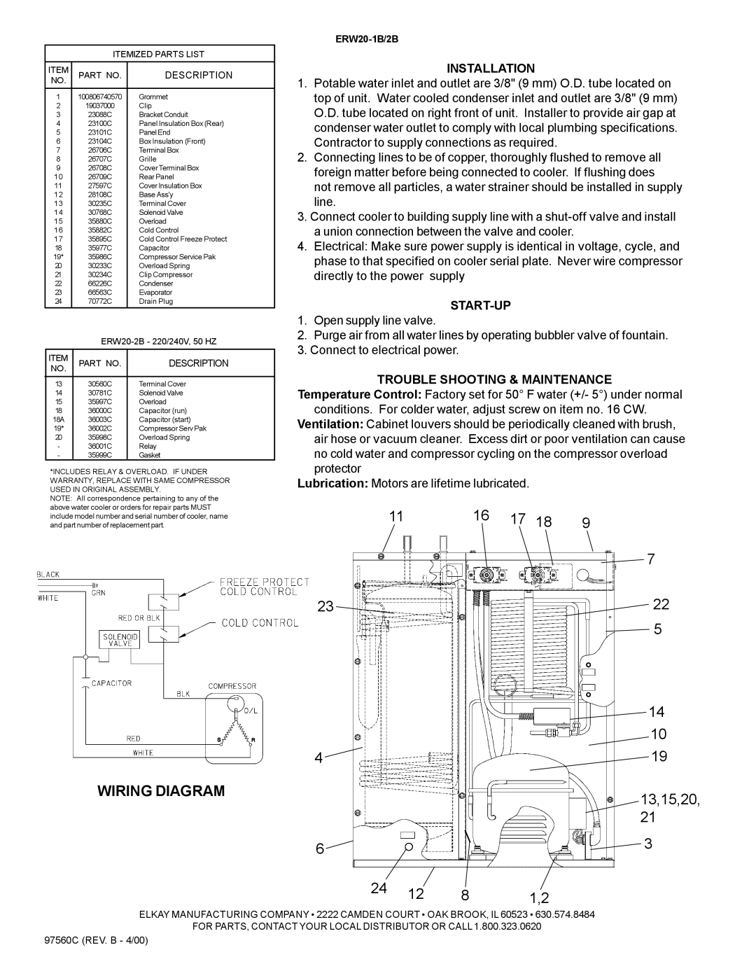 Elkay ERW20-2B, ERW20-1B installation instructions Wiring Diagram, 13,15,20, Installation, Start-Up, Description 