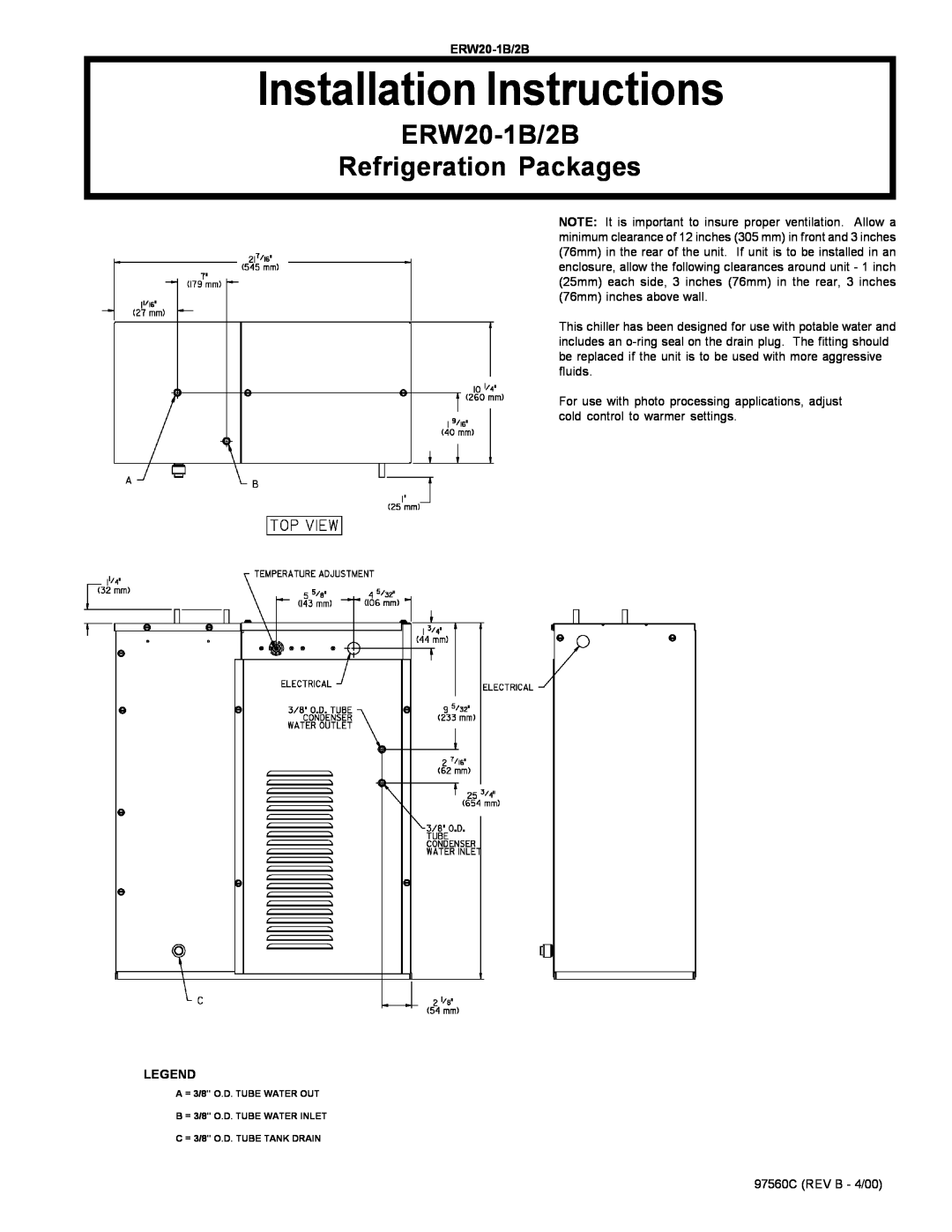 Elkay ERW20-2B installation instructions Installation Instructions, ERW20-1B/2B Refrigeration Packages 