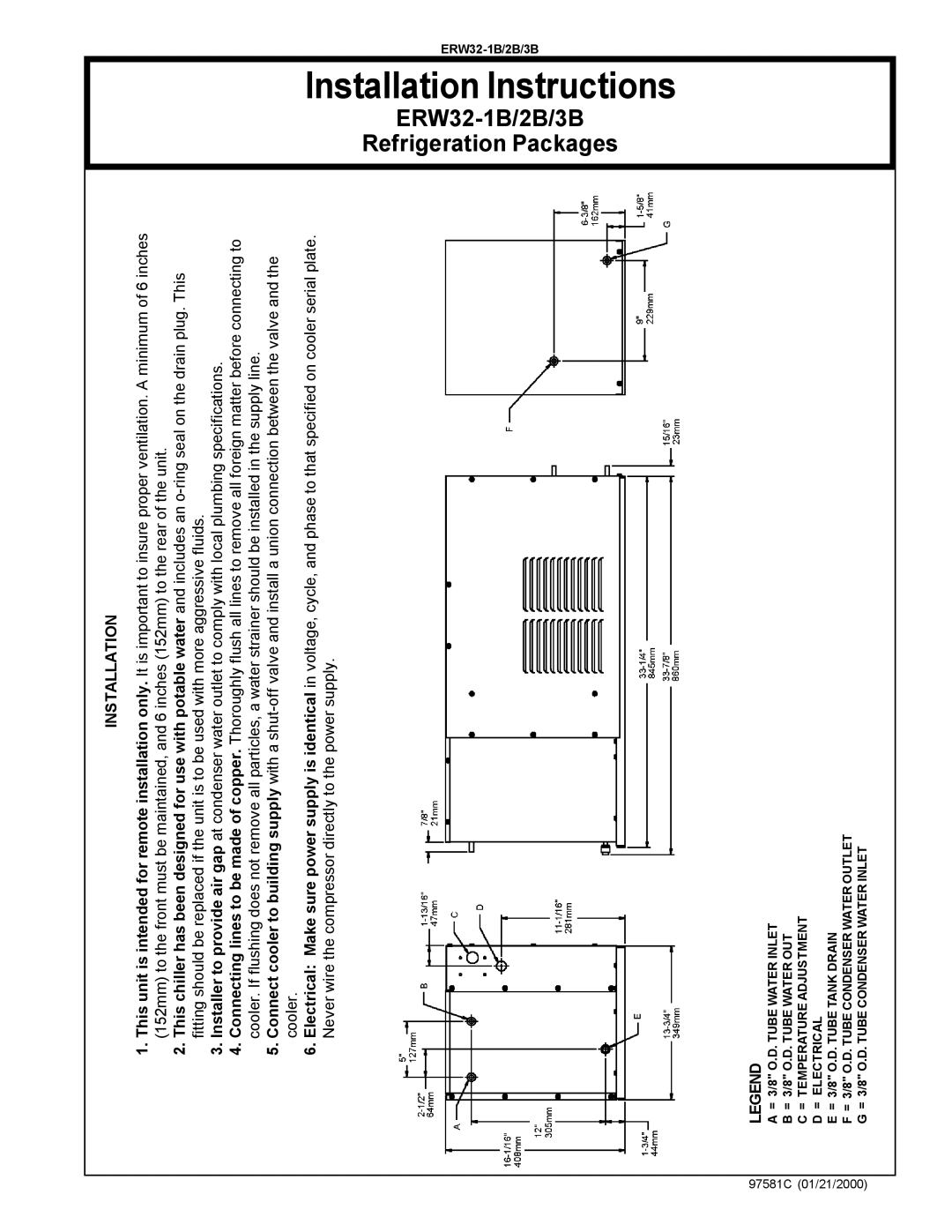 Elkay installation instructions Refrigeration Packages, Installation, 97581C 01/21/2000, ERW32-1B/2B/3B 