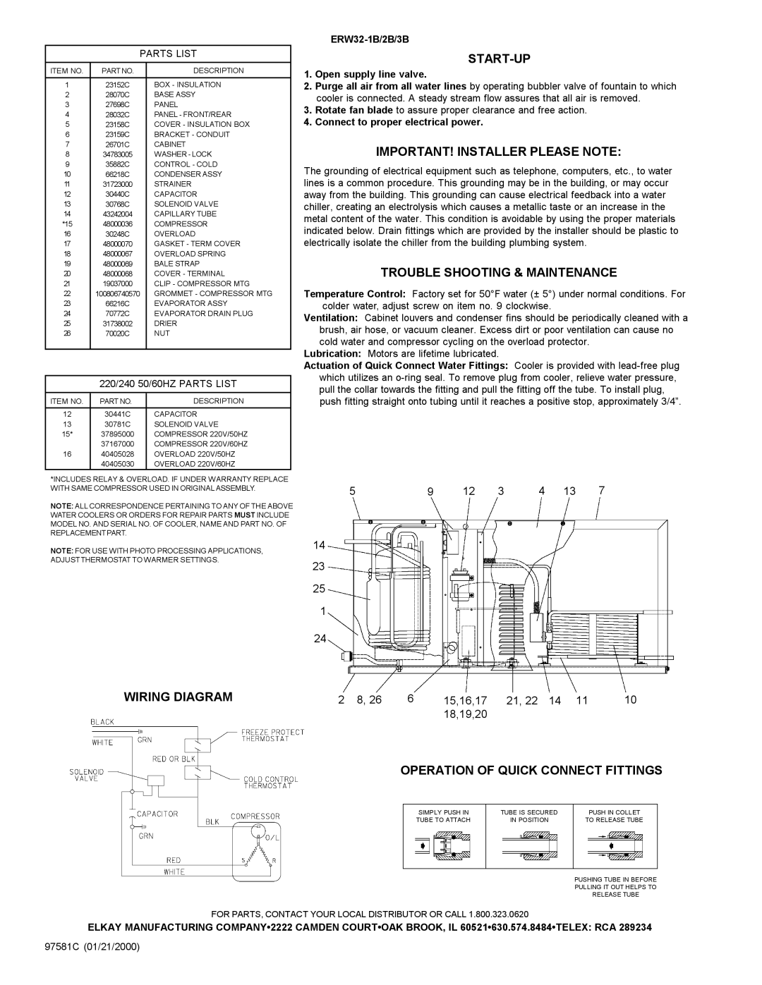 Elkay ERW32-1B Start-Up, IMPORTANT! Installer Please Note, Trouble Shooting & Maintenance, Wiring Diagram 