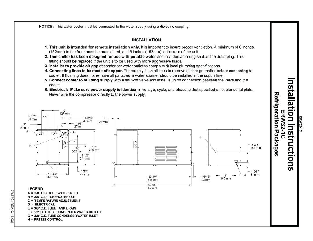 Elkay ERW32-1C installation instructions Refrigeration Packages, Installation, 97657C REV. G 8/03 