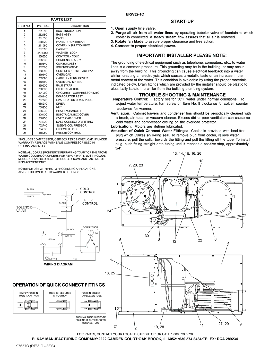 Elkay ERW32-1C installation instructions Start-Up, IMPORTANT! Installer Please Note, Trouble Shooting & Maintenance 