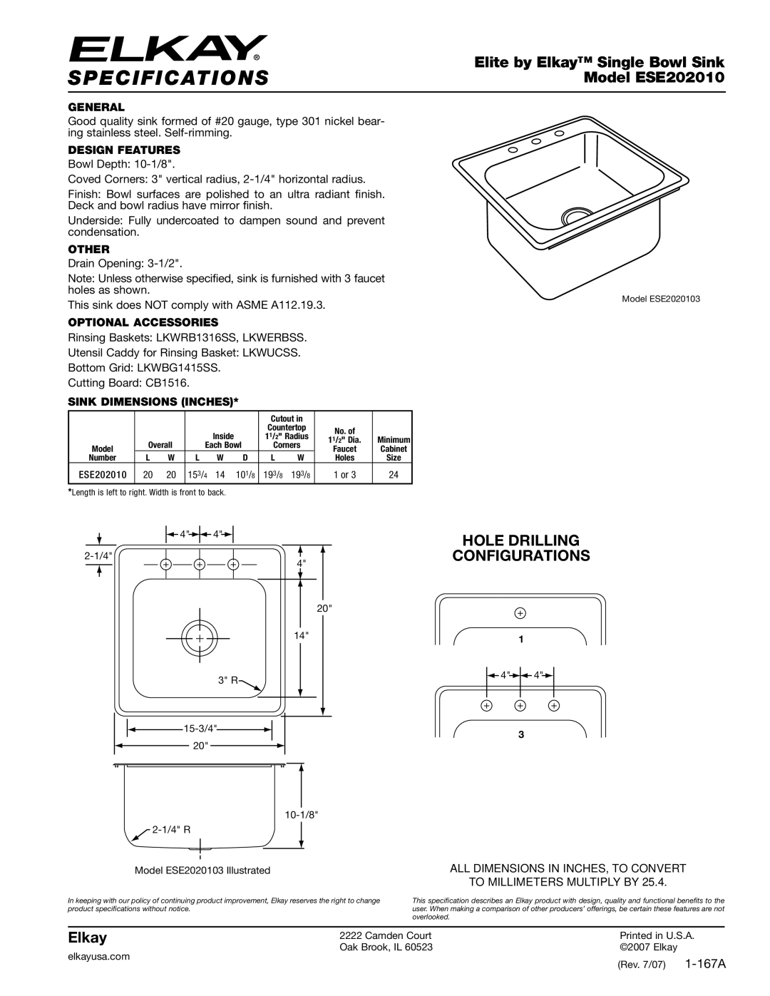 Elkay ESE202010 specifications General, Design Features, Other, Optional Accessories, Sink Dimensions Inches 