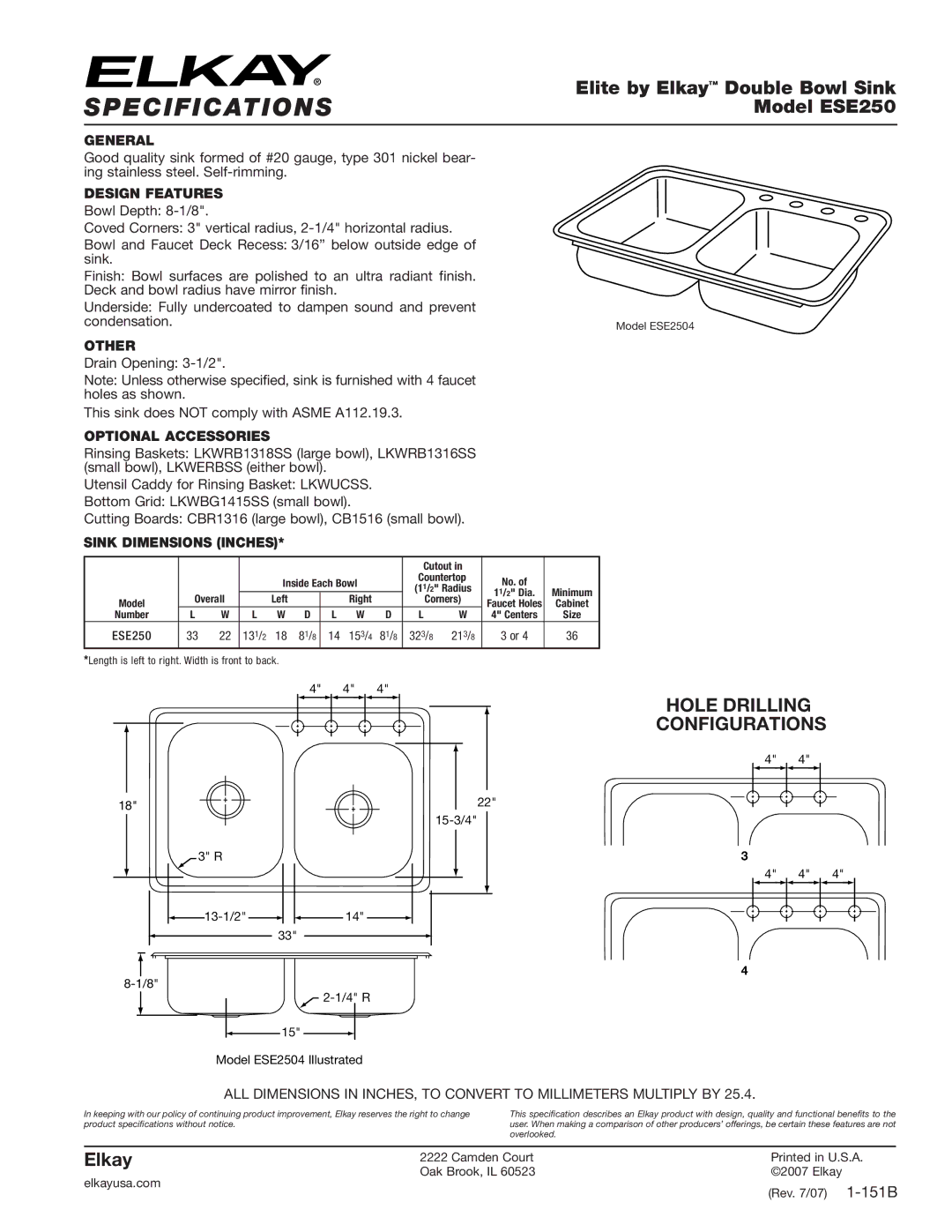 Elkay specifications Specifications, Elite by Elkay Double Bowl Sink, Model ESE250, Hole Drilling Configurations 