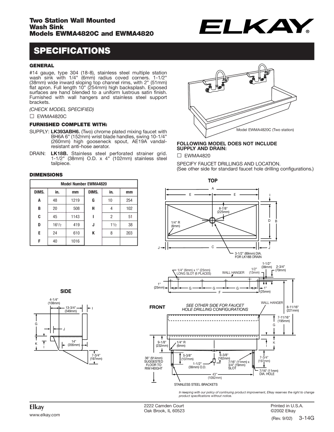 Elkay EWMA4820C dimensions Specifications, Side 