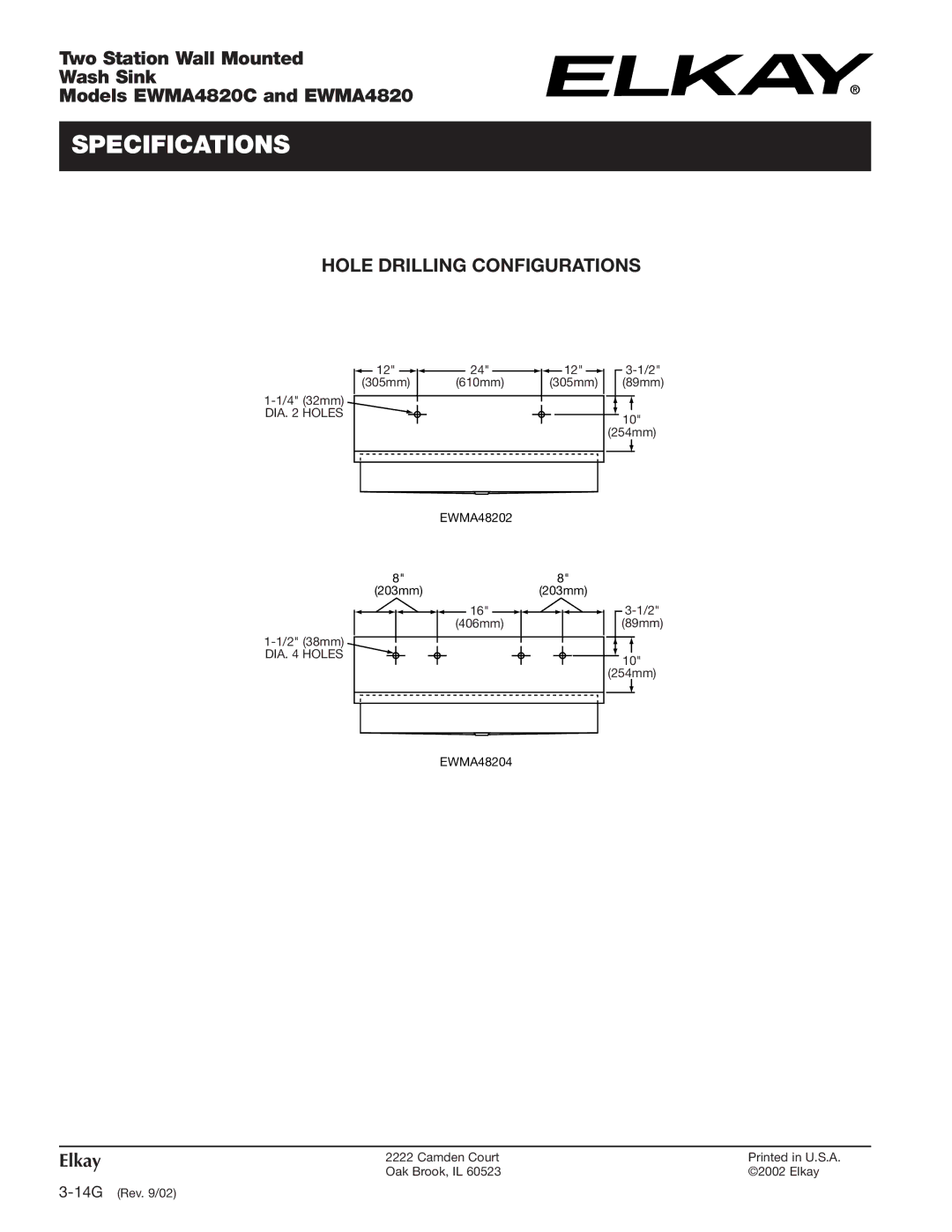 Elkay EWMA4820C dimensions Hole Drilling Configurations 