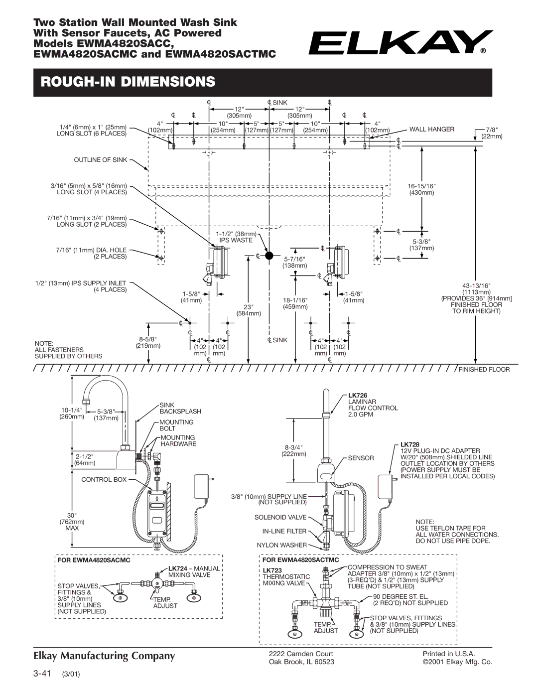 Elkay EWMA4820SACMC, EWMA4820SACTMC specifications ROUGH-IN Dimensions, LK726, LK728, LK723 