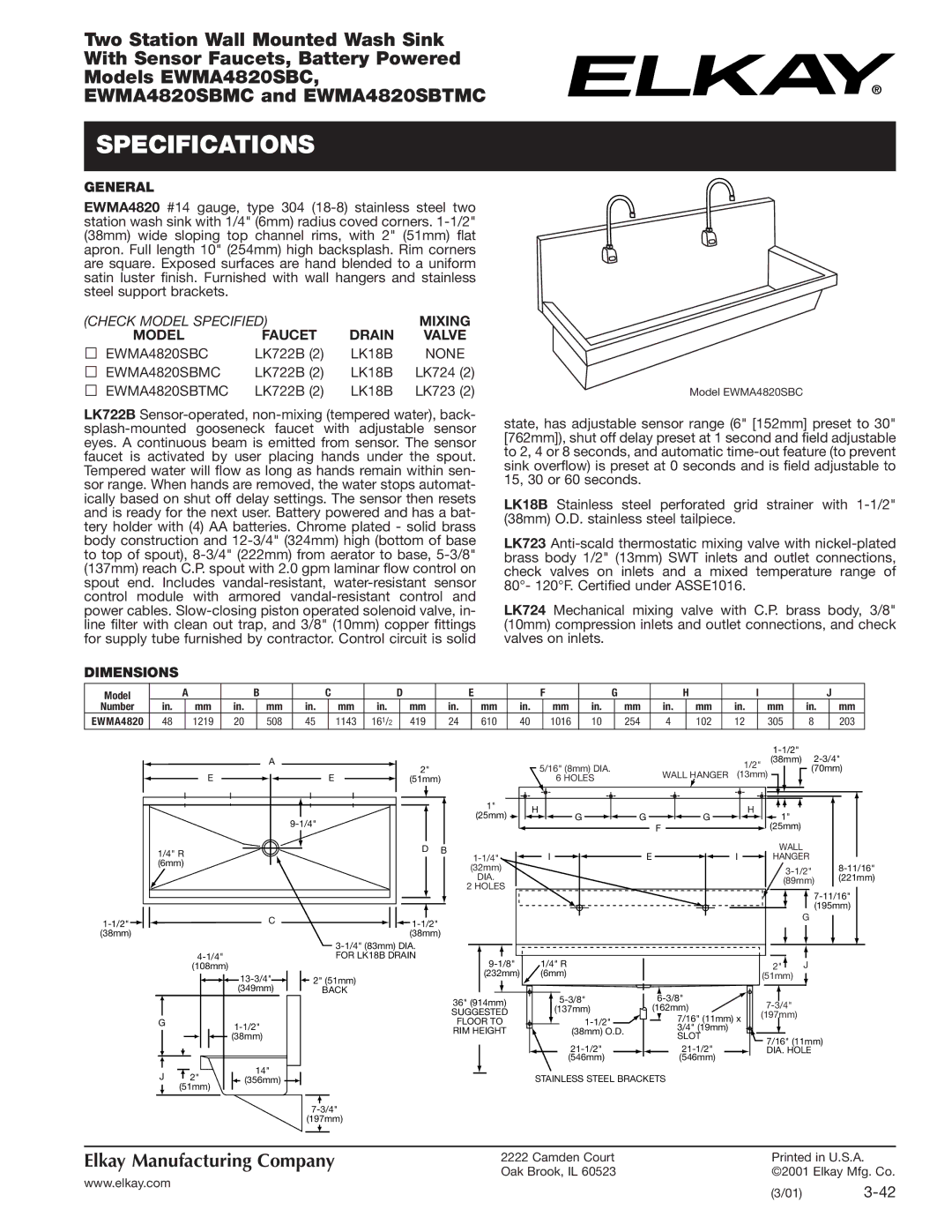 Elkay EWMA4820SBC, EWMA4820SBMC, EWMA4820SBTMC specifications Specifications, General, Dimensions 