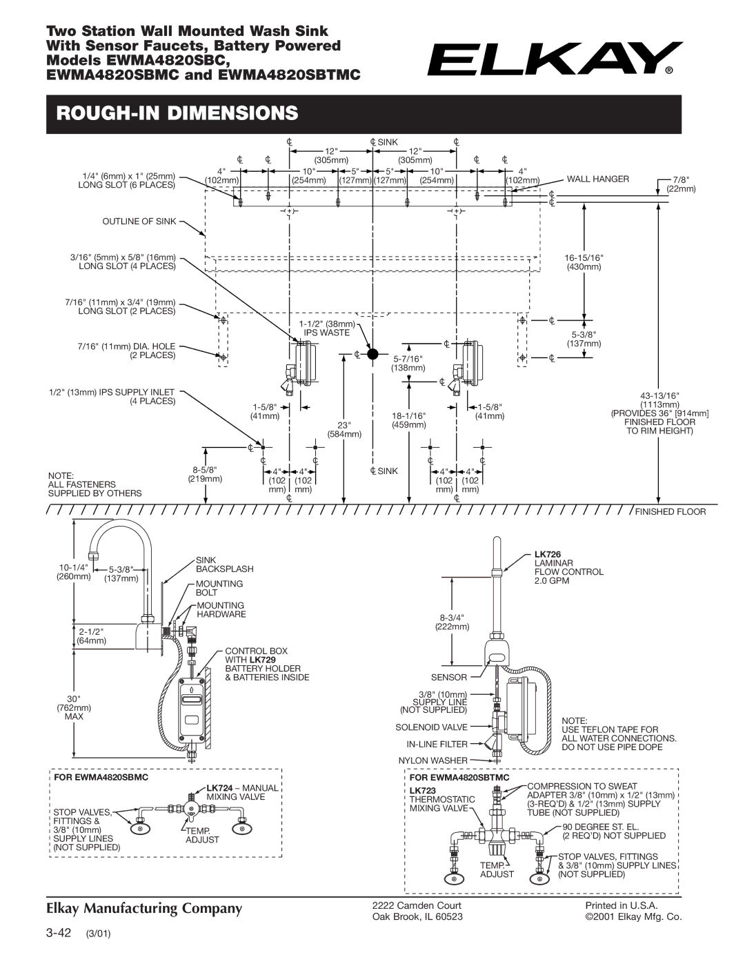 Elkay EWMA4820SBC specifications ROUGH-IN Dimensions, For EWMA4820SBMC, For EWMA4820SBTMC 