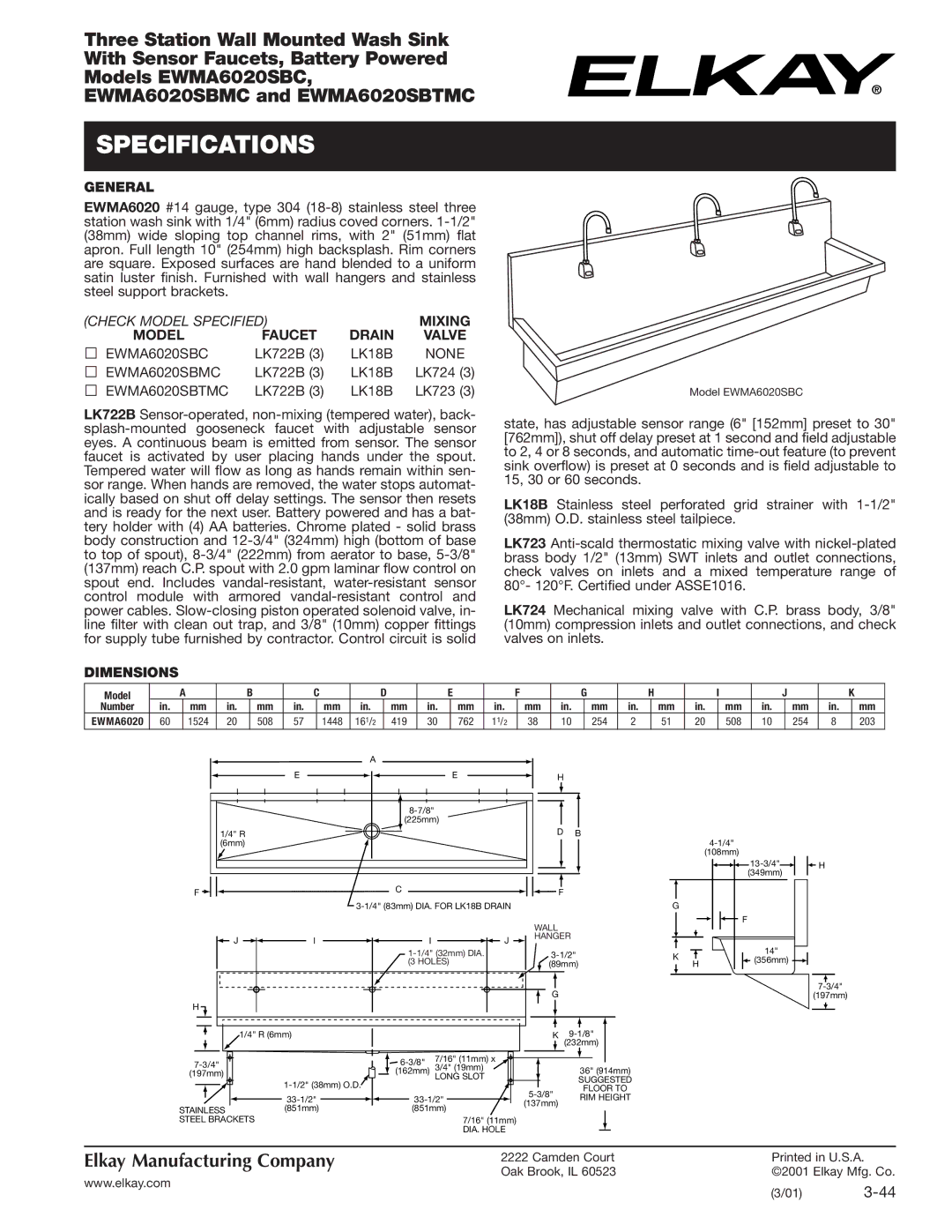 Elkay EWMA6020SBC, EWMA6020SBMC, EWMA6020SBTMC specifications Specifications, General, Dimensions 