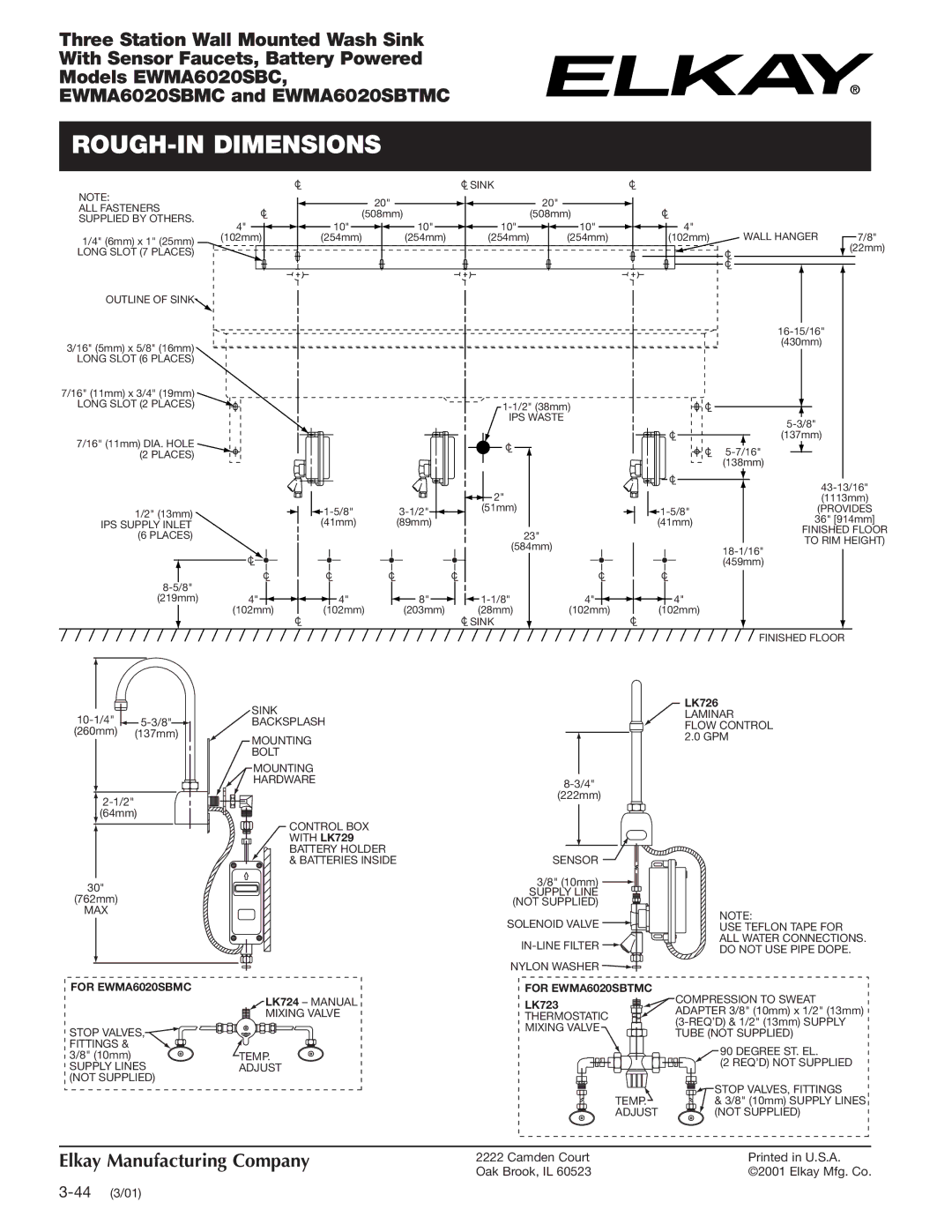 Elkay EWMA6020SBC specifications ROUGH-IN Dimensions, For EWMA6020SBMC, For EWMA6020SBTMC 