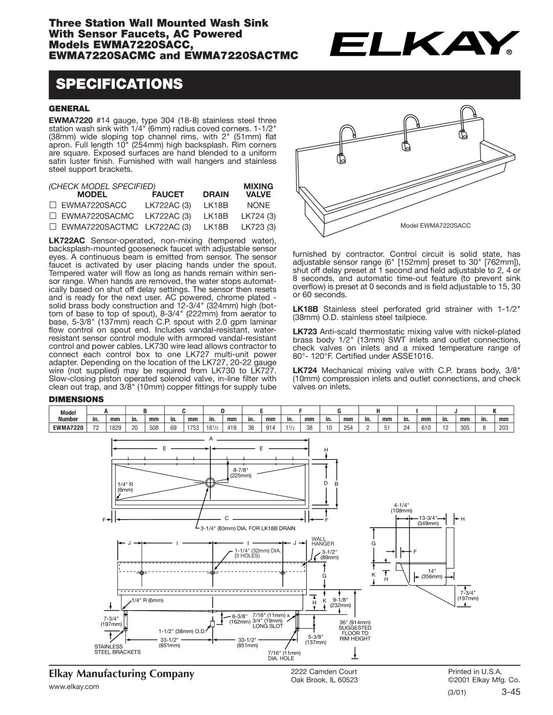 Elkay EWMA7220SACMC, EWMA7220SACTMC, EWMA7220SACC specifications Specifications, General, Dimensions, Model 