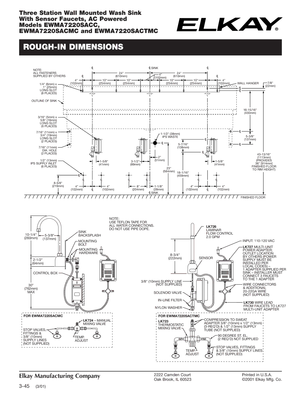 Elkay EWMA7220SACC specifications ROUGH-IN Dimensions, For EWMA7220SACMC, LK726, For EWMA7220SACTMC, LK723 