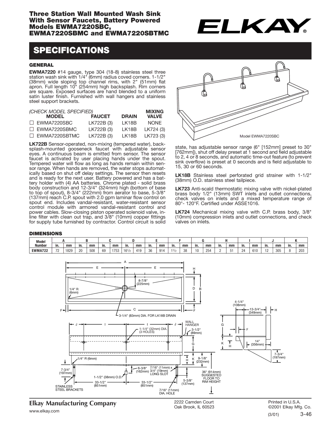 Elkay EWMA7220SBTMC, EWMA7220SBMC, EWMA7220SBC specifications Specifications, General, Dimensions 