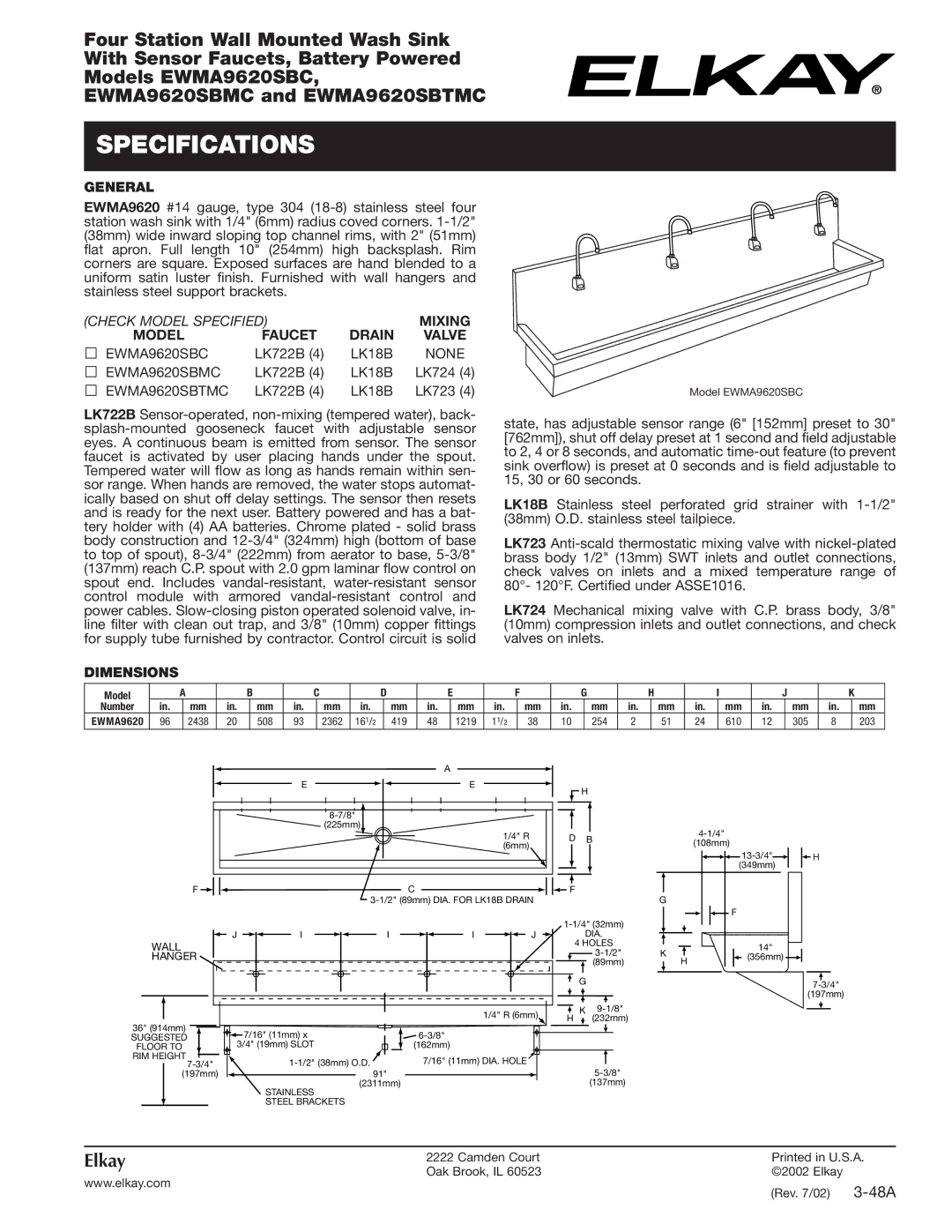 Elkay EWMA9620SBMC, EWMA9620SBTMC, EWMA9620SBC specifications Specifications, General, Dimensions 