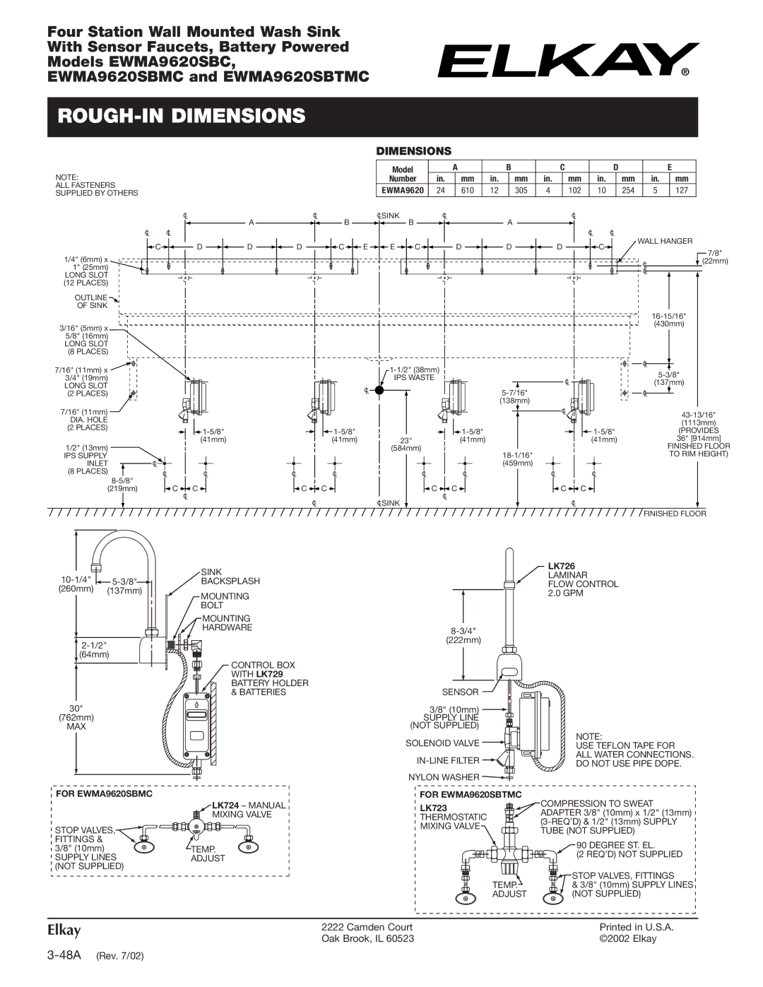 Elkay EWMA9620SBC specifications ROUGH-IN Dimensions, For EWMA9620SBMC, For EWMA9620SBTMC, Model Number 