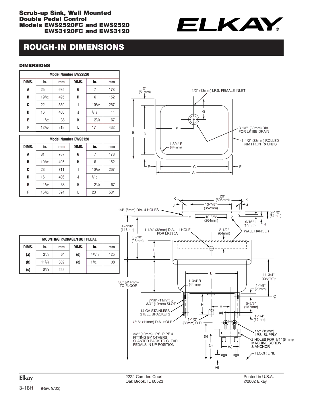 Elkay EWS3120FC, EWS2520FC specifications ROUGH-IN Dimensions 