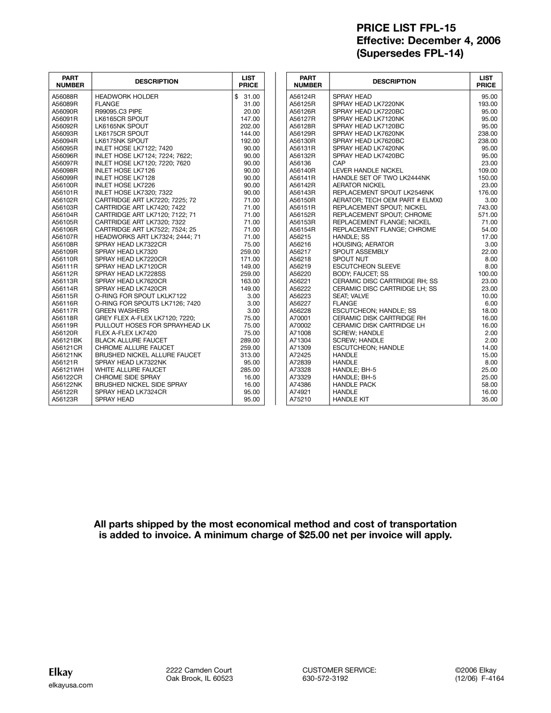 Elkay FPL-15 Headwork Holder, LK6165CR Spout, LK6165NK Spout, LK6175CR Spout, LK6175NK Spout, Inlet Hose LK7126, Handle SS 