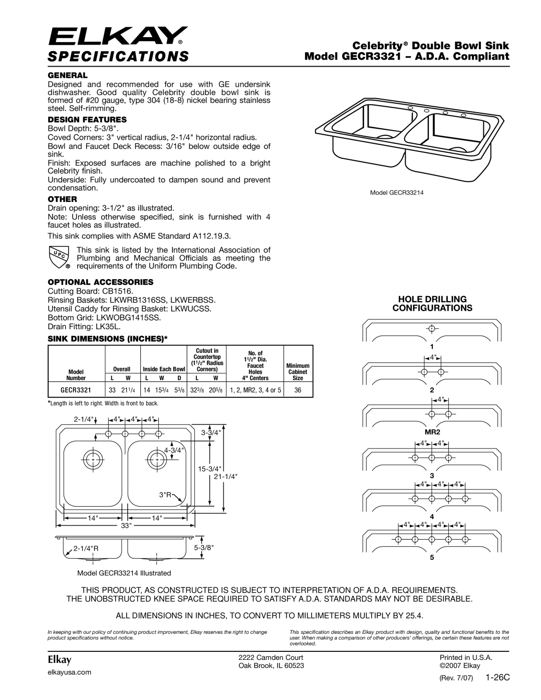 Elkay GECR3321 specifications General, Design Features, Other, Optional Accessories, Sink Dimensions Inches 