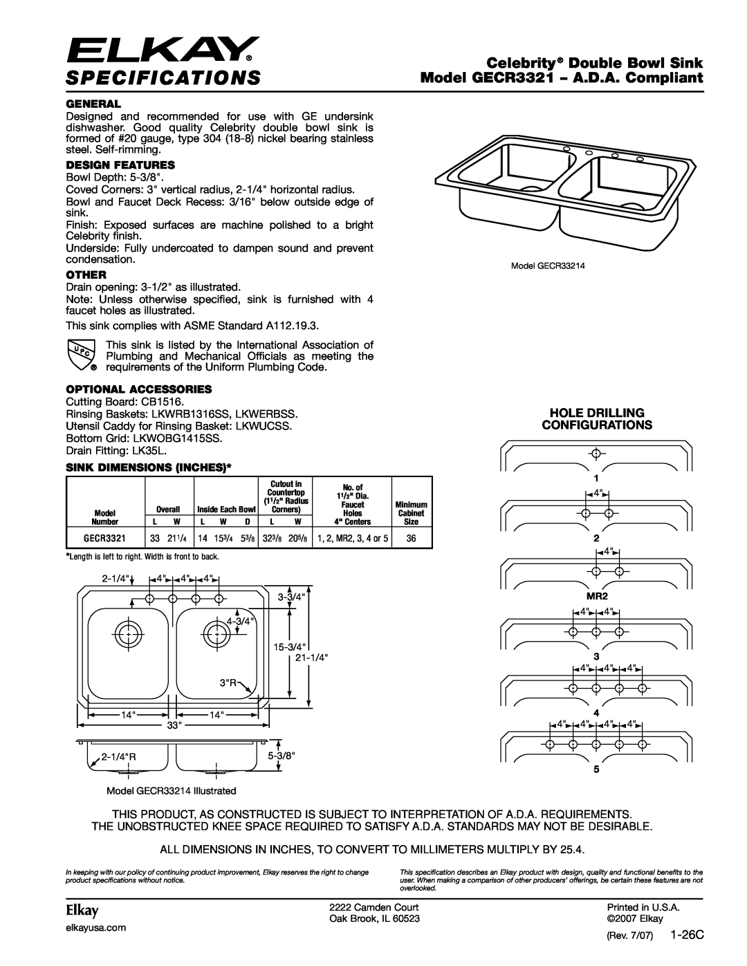 Elkay specifications Specifications, Celebrity Double Bowl Sink, Model GECR3321 - A.D.A. Compliant, Elkay, General 
