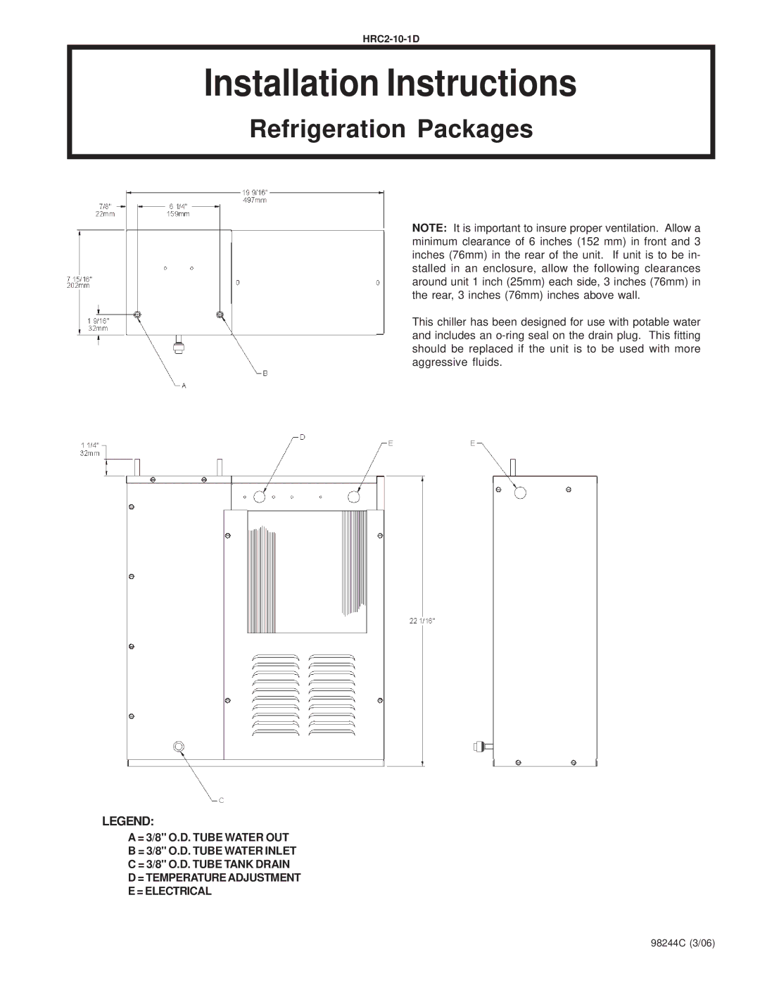 Elkay HRC2-10-1D installation instructions Installation Instructions, Refrigeration Packages 