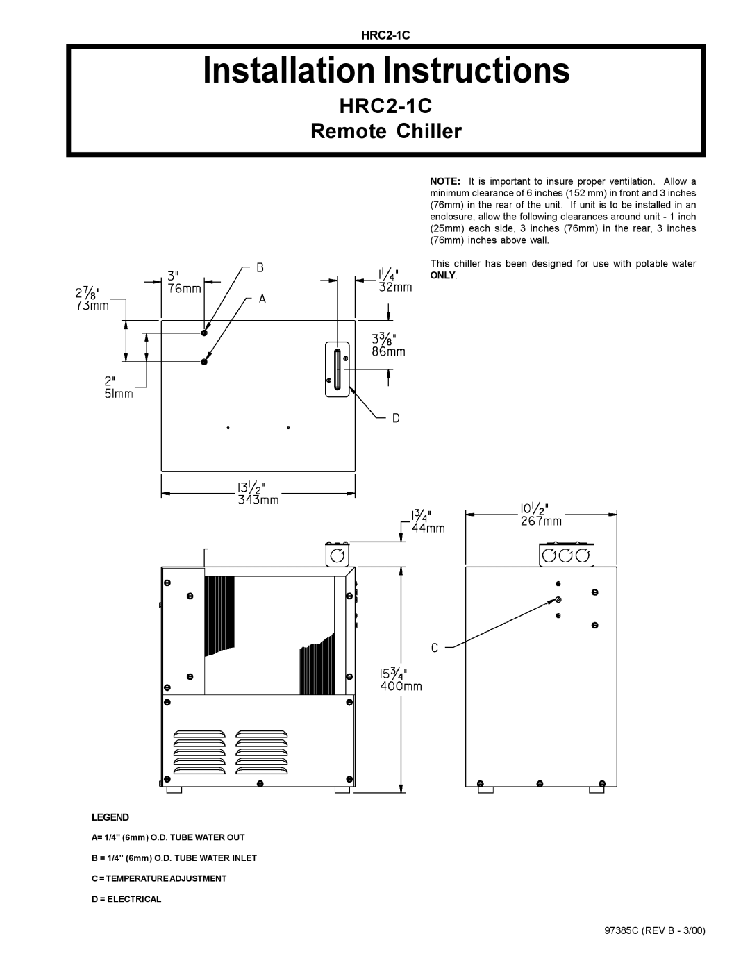 Elkay HRC2-1C installation instructions Installation Instructions, Remote Chiller, Only 