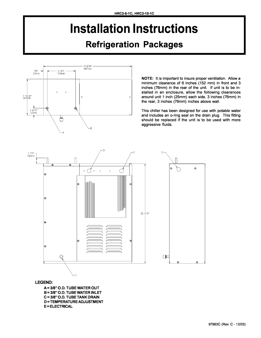 Elkay HRC2-5-1C installation instructions Installation Instructions, Refrigeration Packages, A = 3/8 O.D. TUBE WATER OUT 