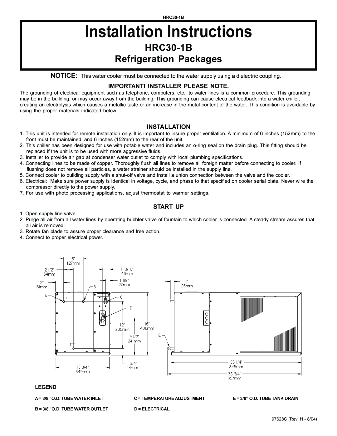 Elkay installation instructions Installation Instructions, HRC30-1B Refrigeration Packages, Start UP 