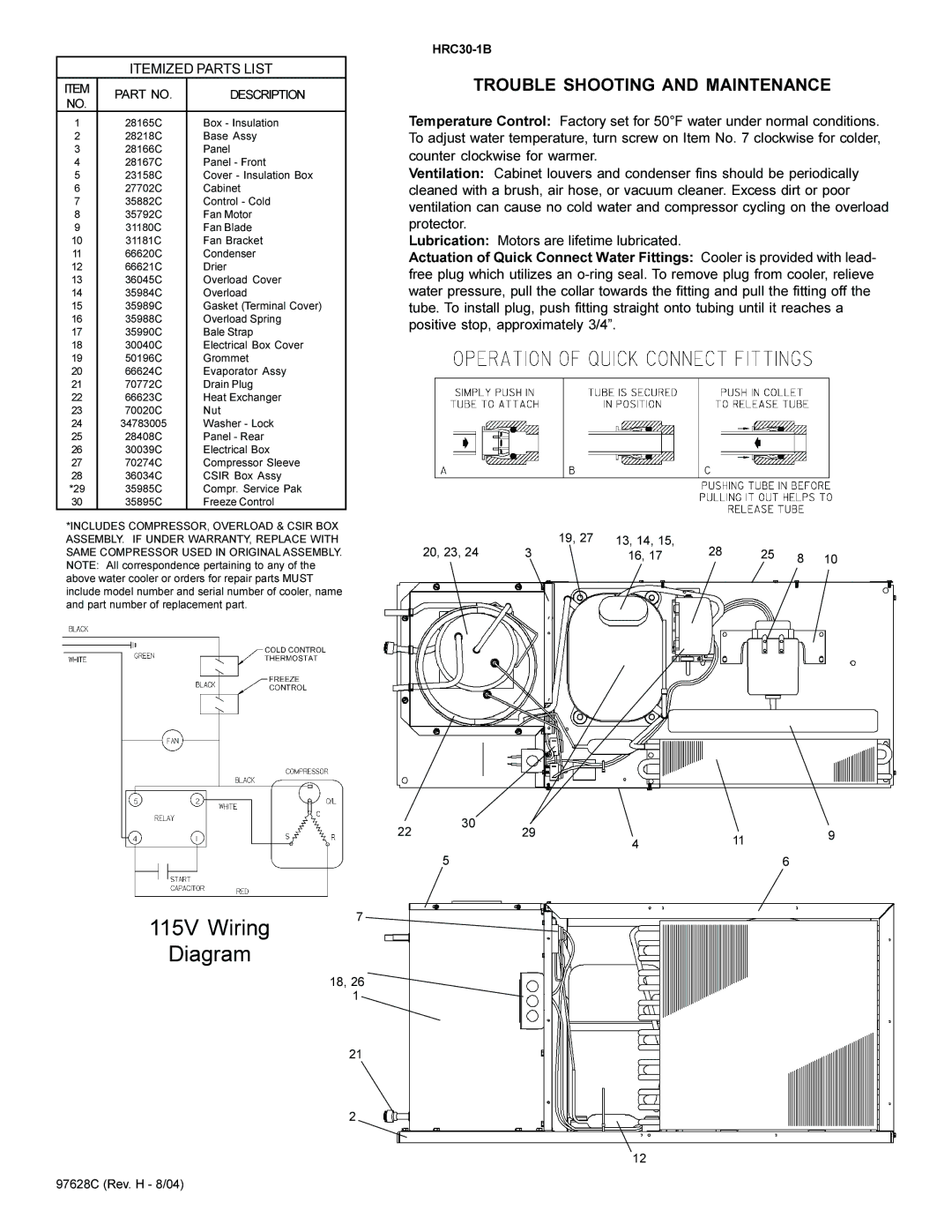 Elkay HRC30-1B installation instructions Trouble Shooting and Maintenance, Itemized Parts List, Description 