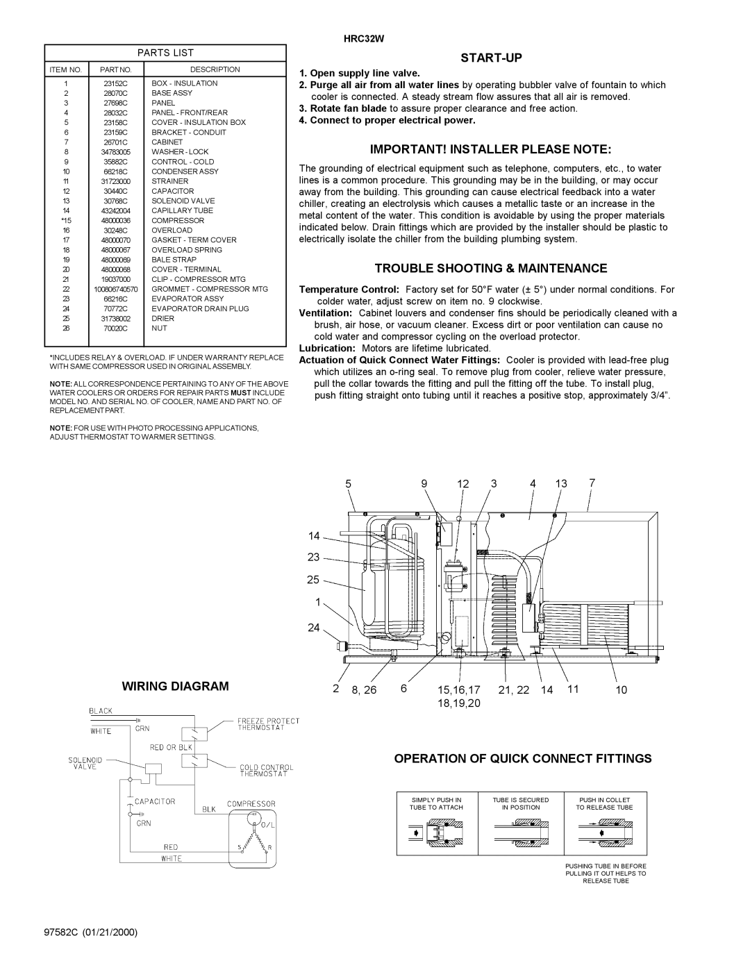 Elkay HRC32W Start-Up, IMPORTANT! Installer Please Note, Trouble Shooting & Maintenance, Wiring Diagram 