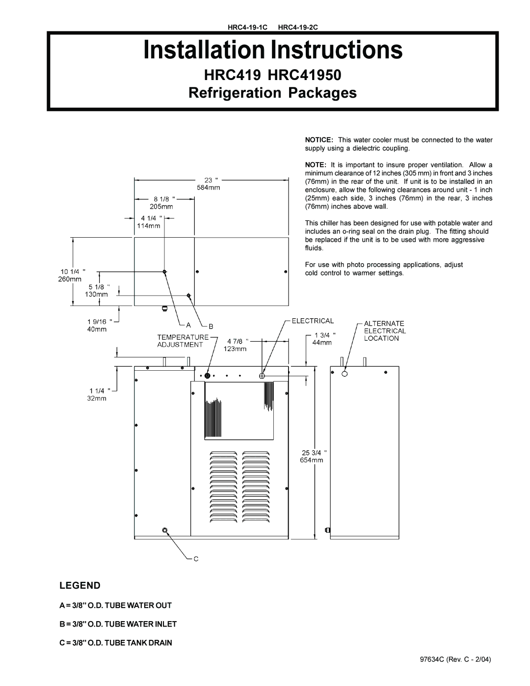 Elkay HRC4-19-1C installation instructions Installation Instructions, HRC419 HRC41950 Refrigeration Packages 