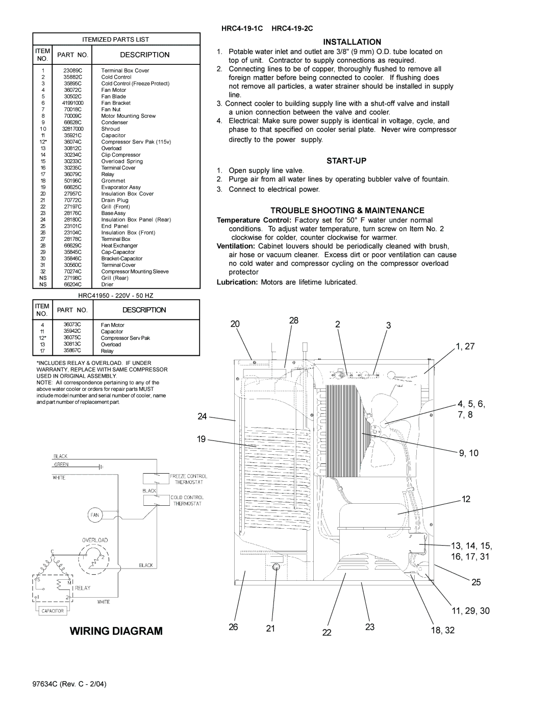 Elkay HRC4-19-1C Wiring Diagram, Installation, Start-Up, Trouble Shooting & Maintenance, Description 