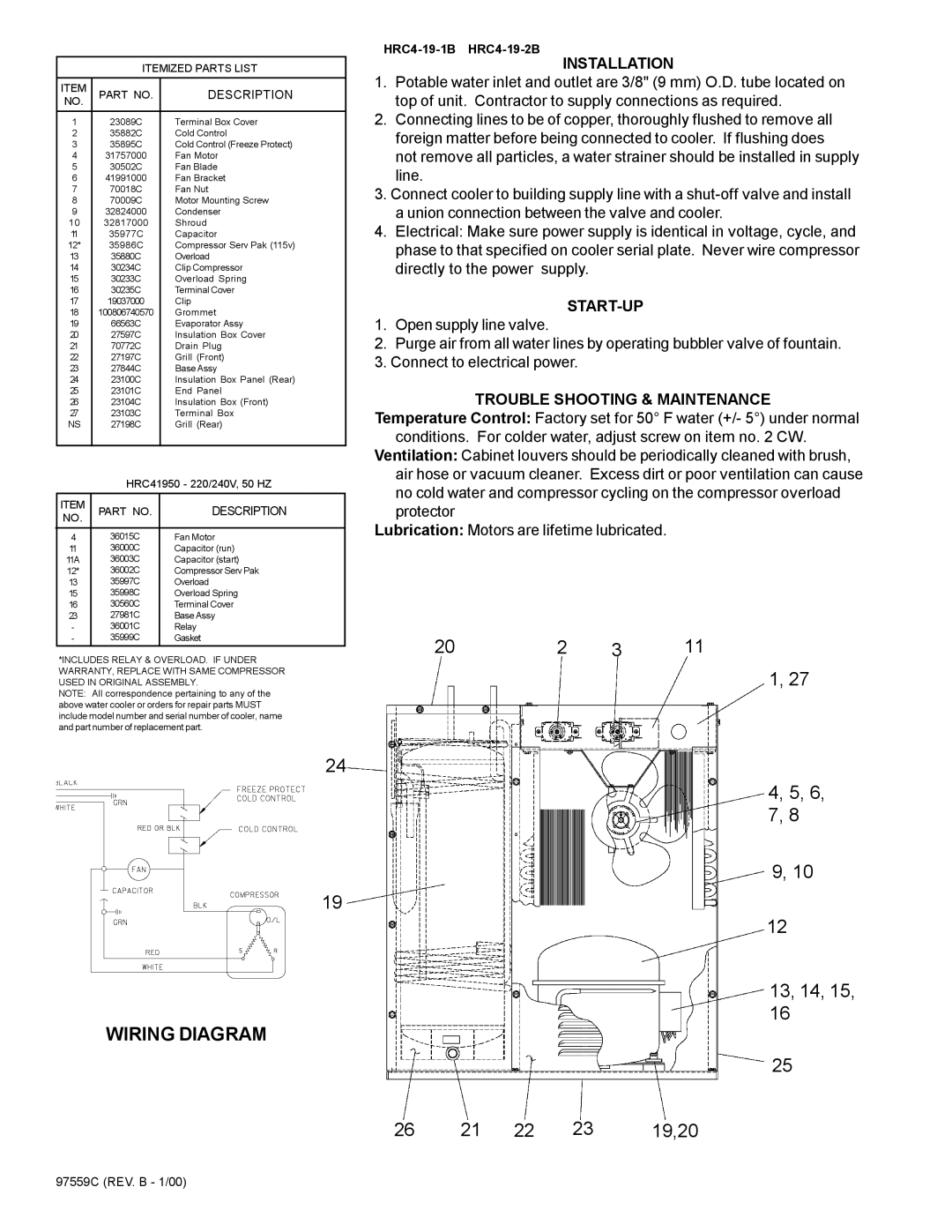 Elkay HRC4-191B installation instructions Wiring Diagram, Installation, Start-Up, Description 