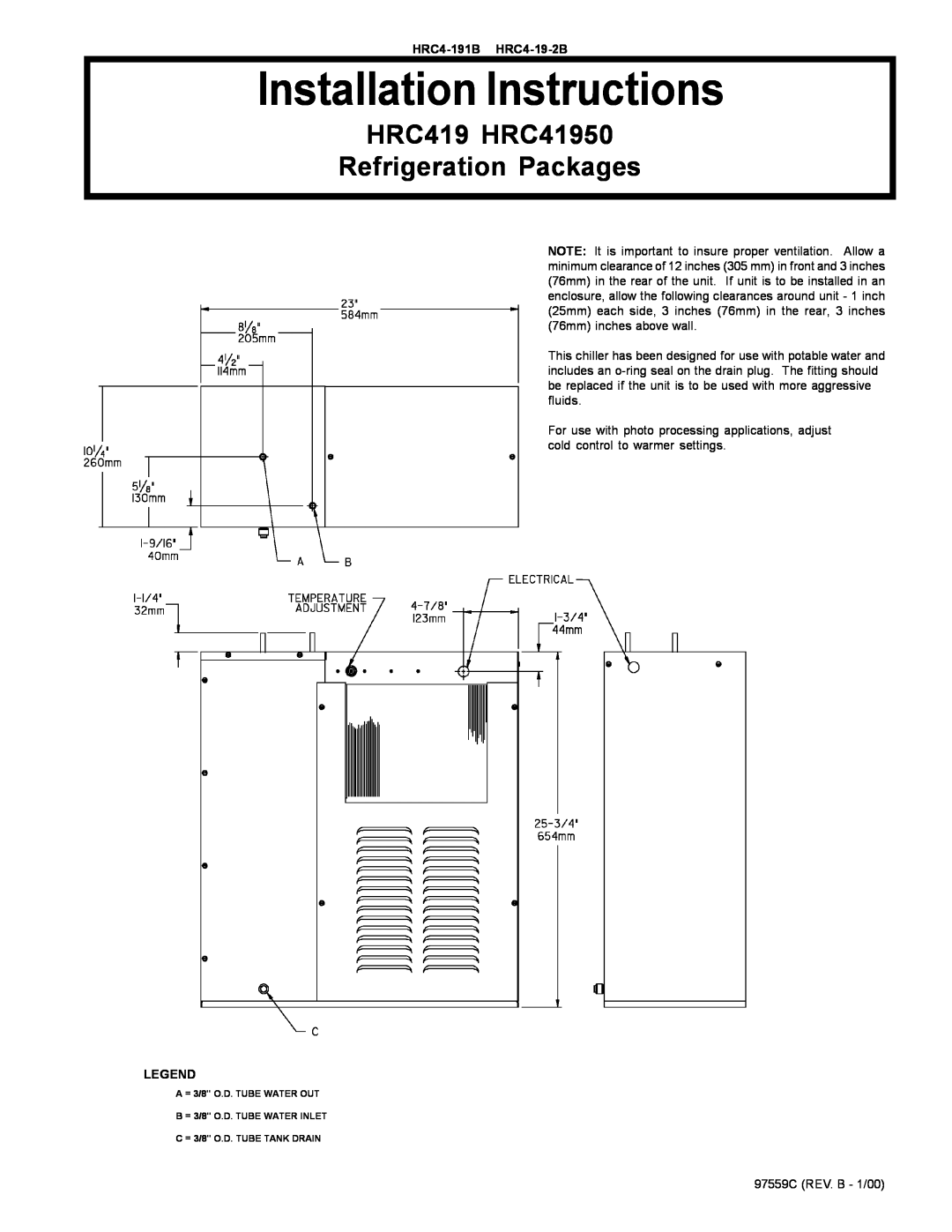 Elkay HRC4-191B installation instructions Installation Instructions, HRC419 HRC41950 Refrigeration Packages 
